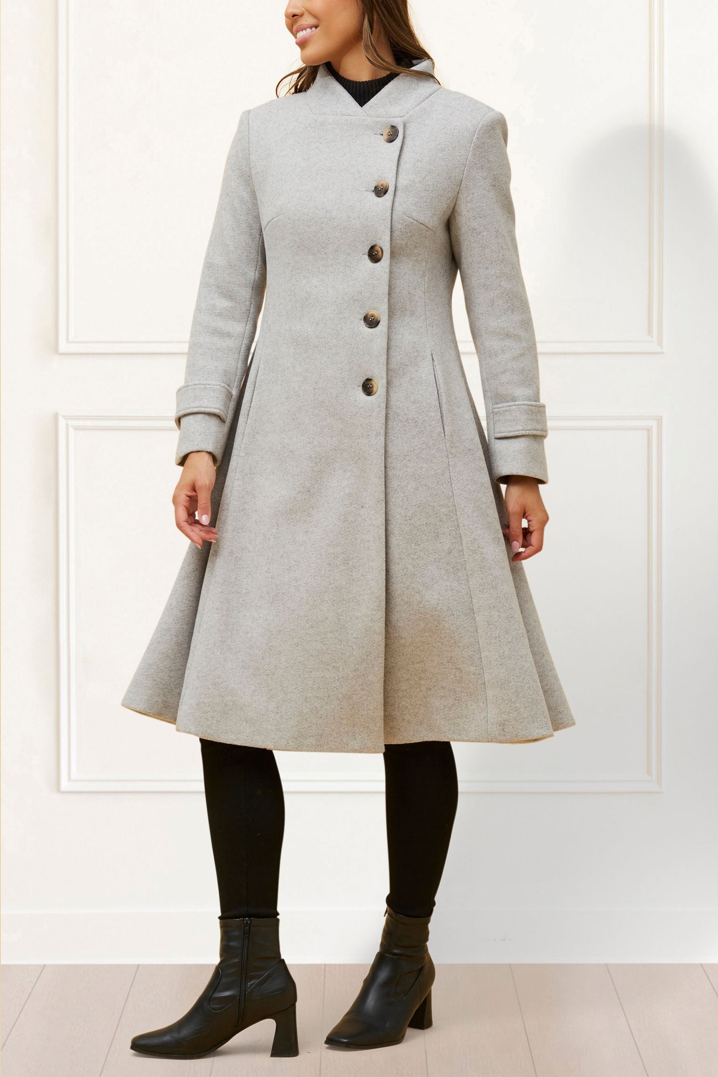 Harper Retro Flared Coat Side Buttons - Onze Montreal Beige / XS Annick