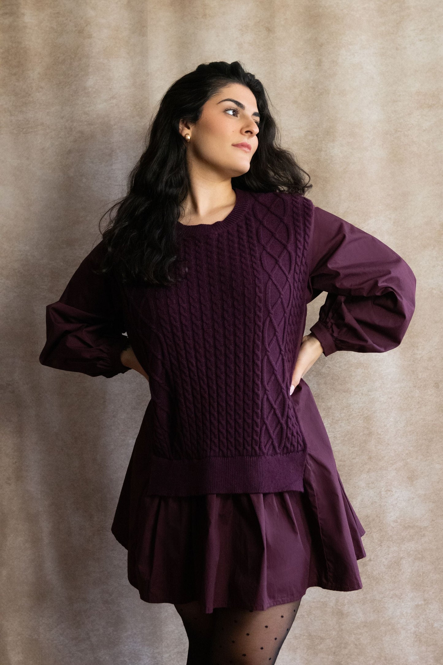Helga Oversize Faux Layer Tunic Shirt Dress Cable Knit Sweater Trendy