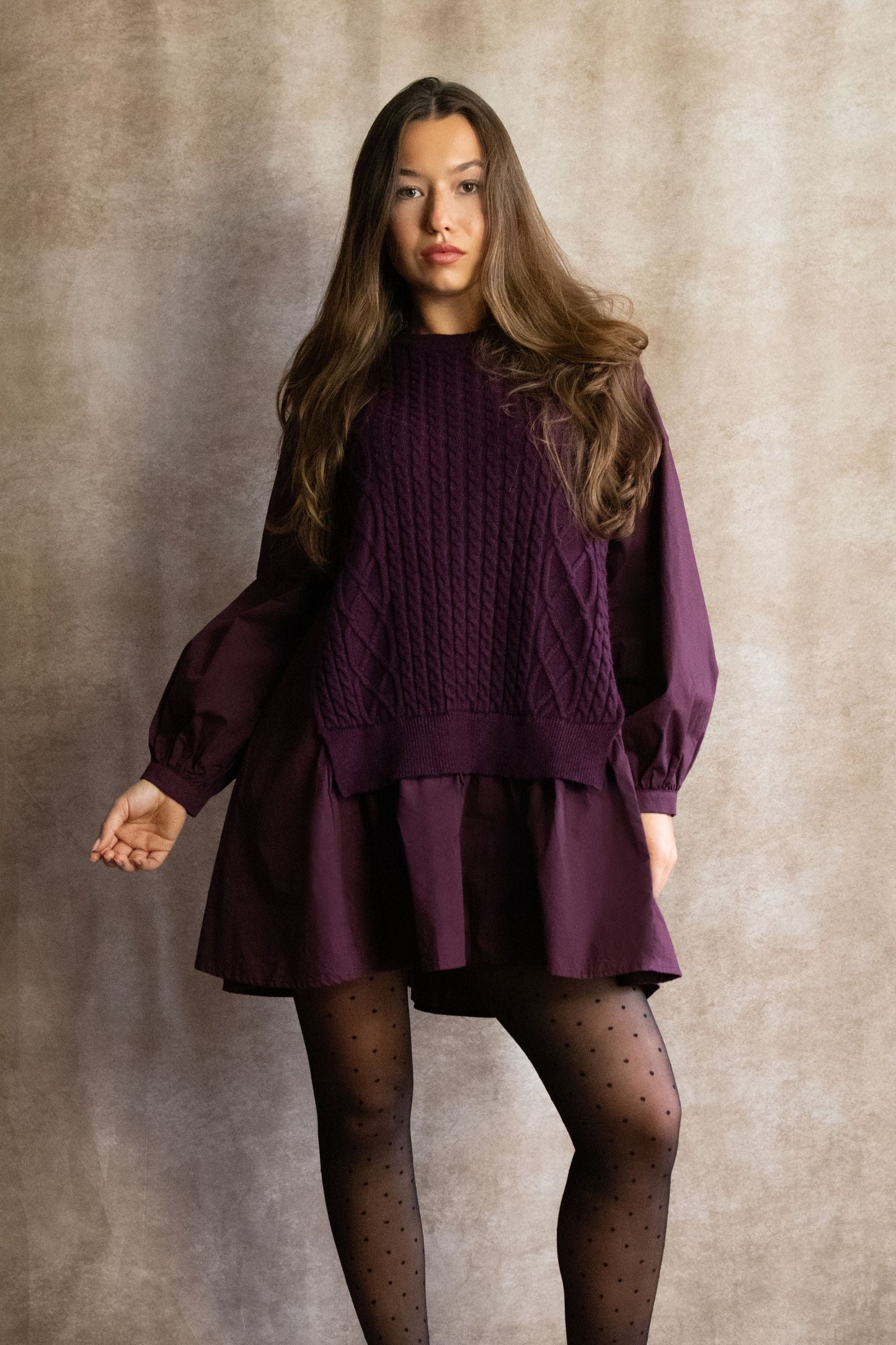 Helga Oversize Faux Layer Tunic Shirt Dress Cable Knit Sweater Trendy