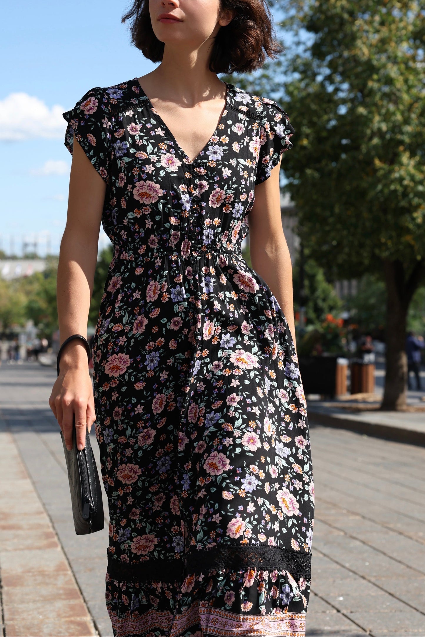 Michelle Black Floral Maxi Dress Smocked Waist Boho Border Print