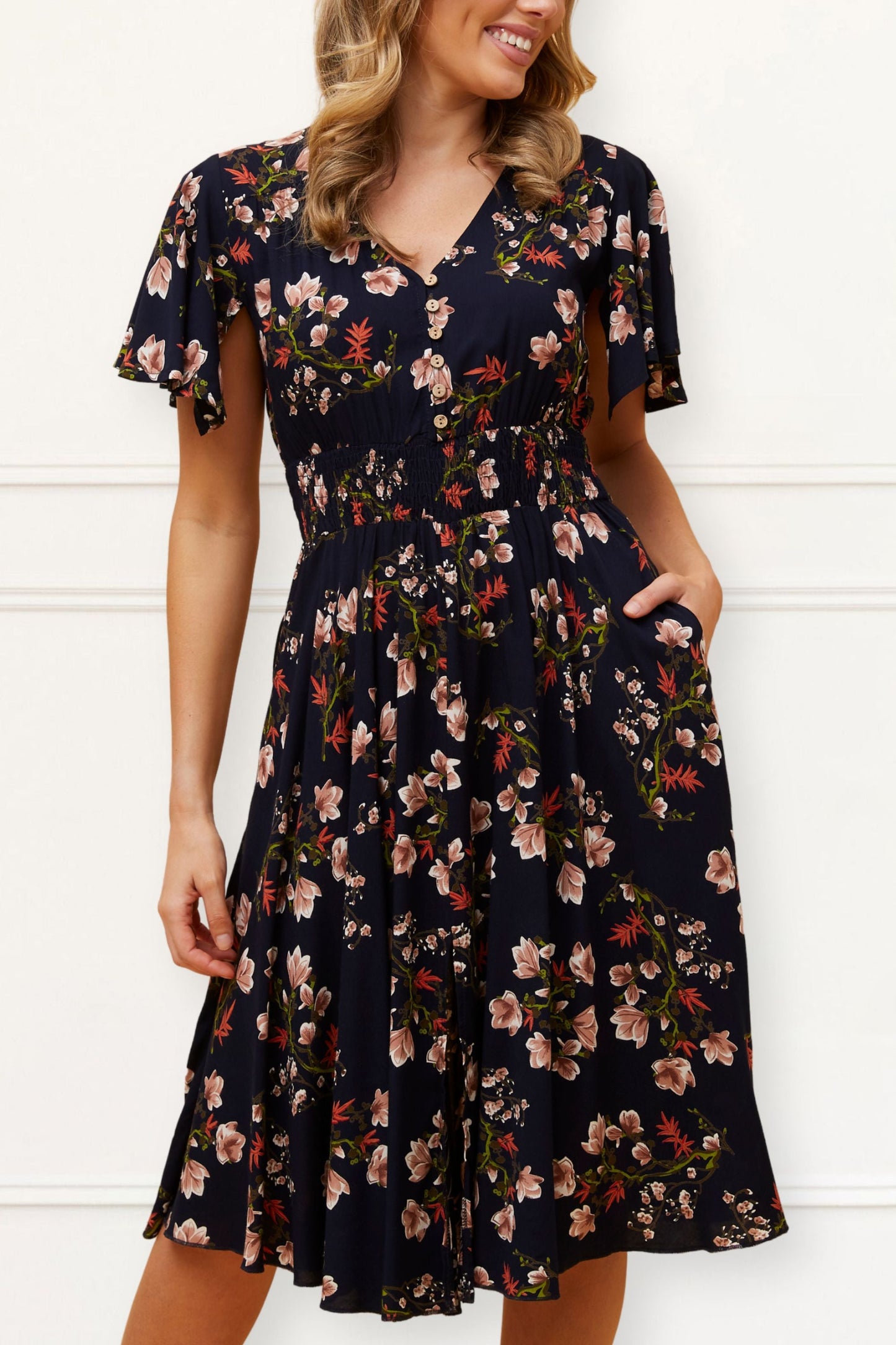 Dimi Floral Short Dress Smocked Waist Pockets