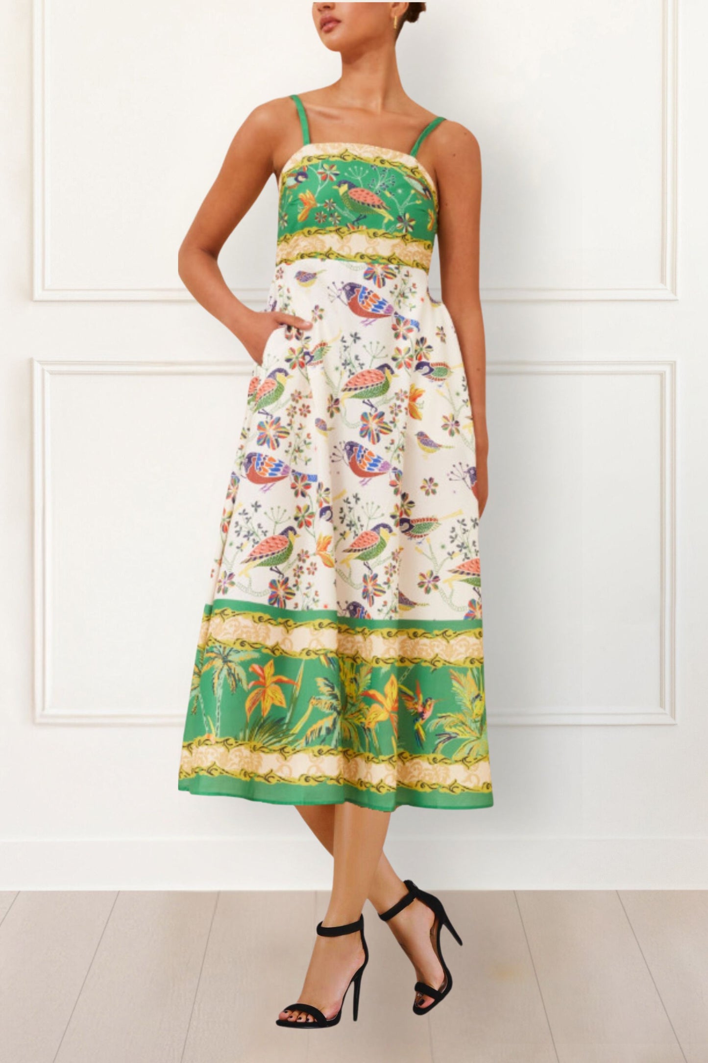 Leontine Boho Bird Print Mini Dress - Puff Sleeves, Button Down, Tie Waist