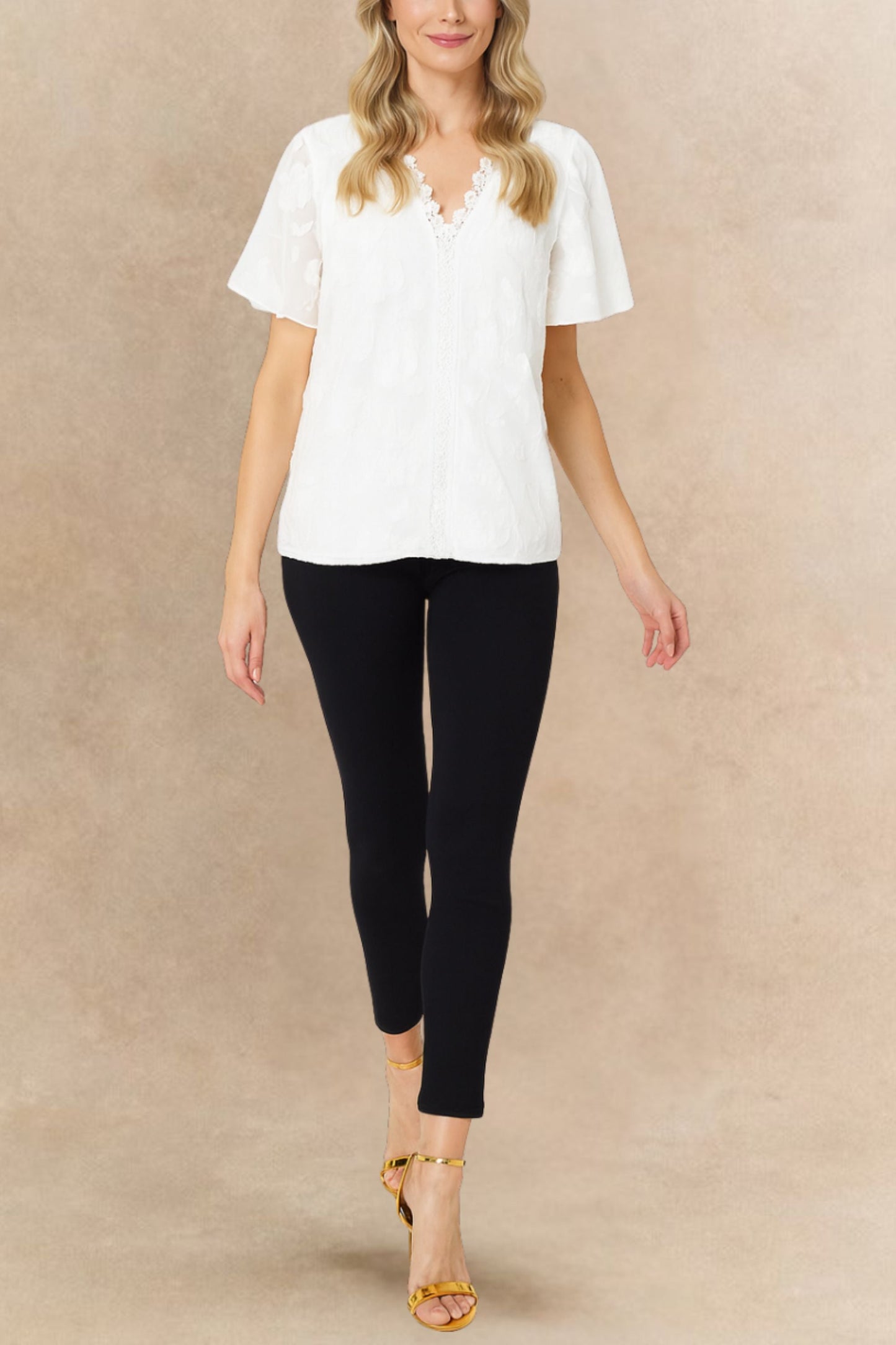 Lucie Embroidered V-Neck Blouse Lace Trim Flutter Sleeves Women