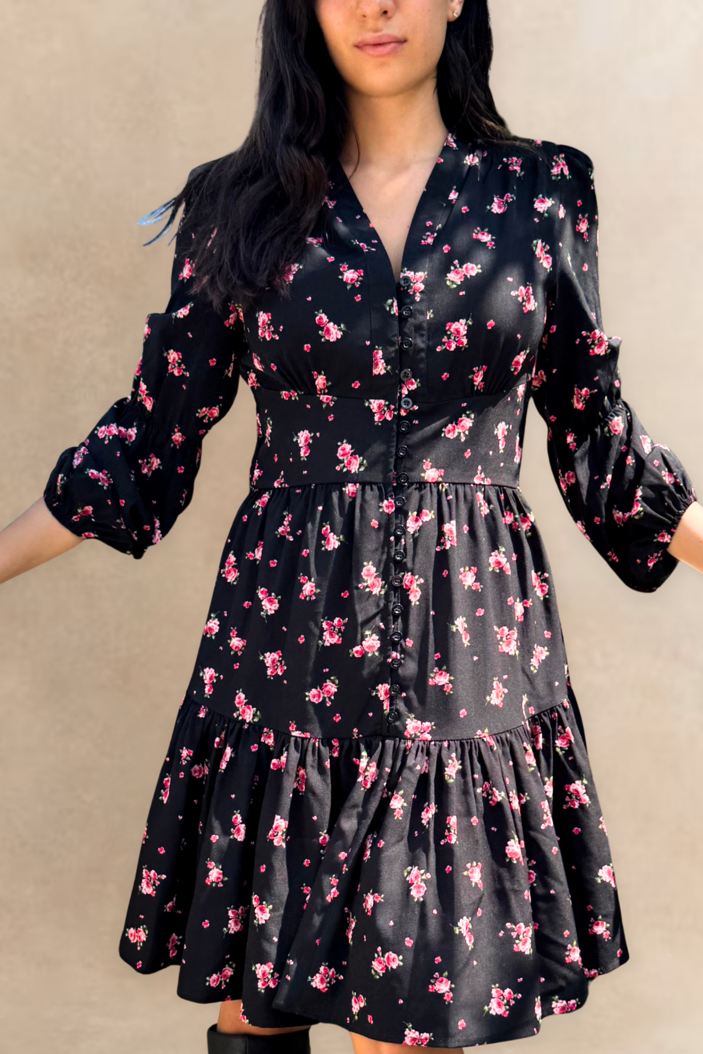 Mila Black Dress Pink Floral Print Button Front Long Sleeves
