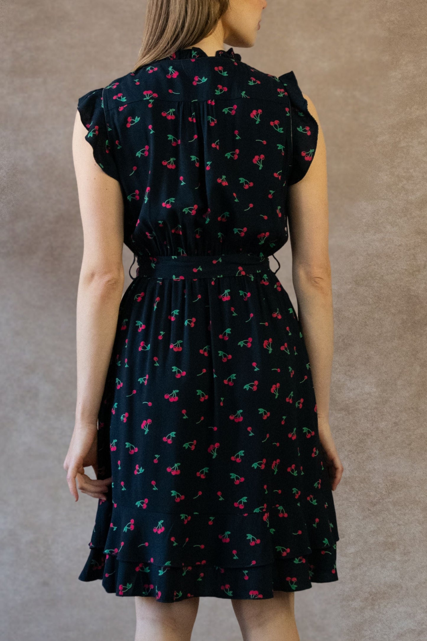 Natasha Cherry Print Short Dress Self Belt Pockets Ruffle Trim