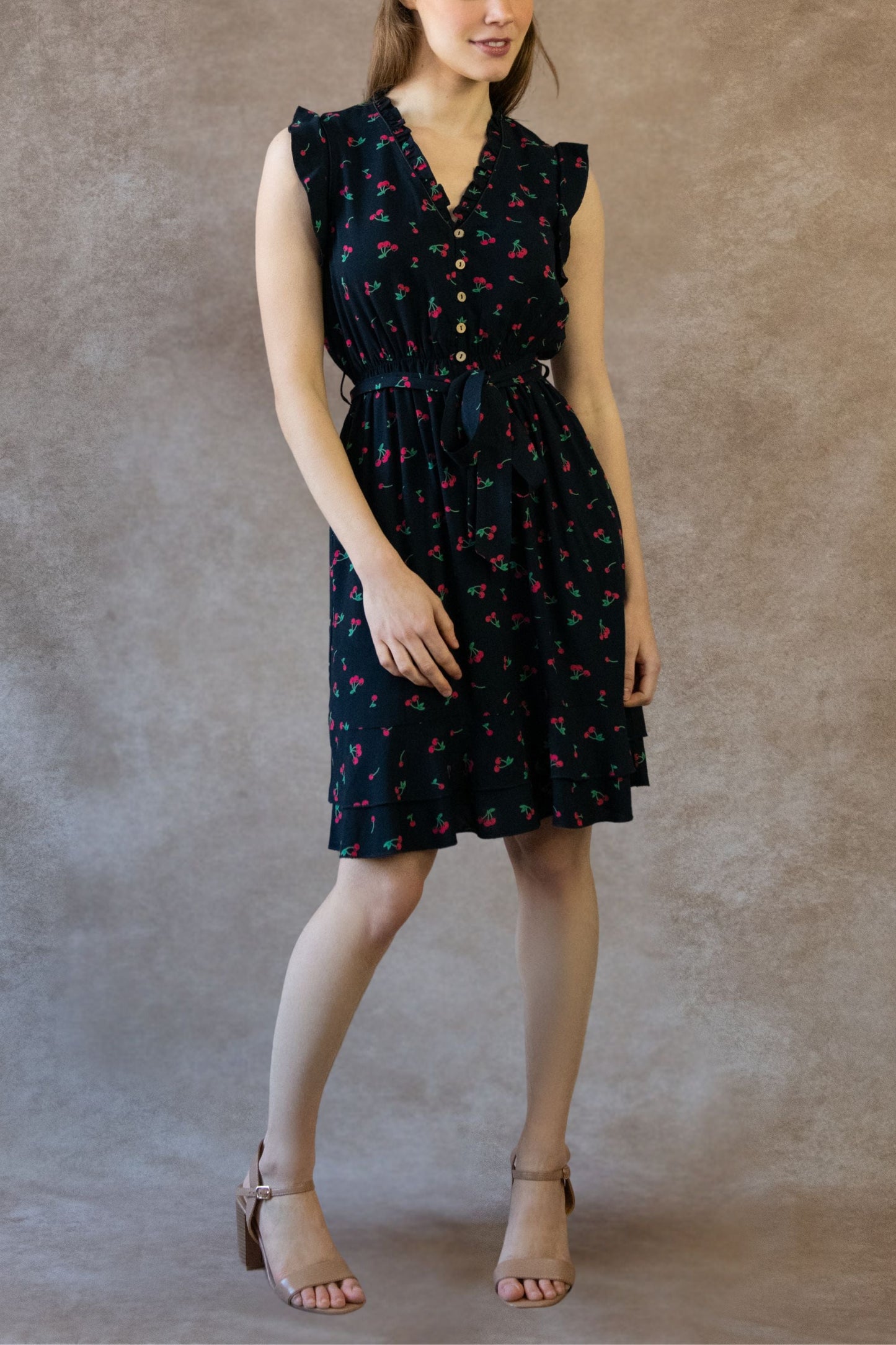 Natasha Cherry Print Short Dress Self Belt Pockets Ruffle Trim