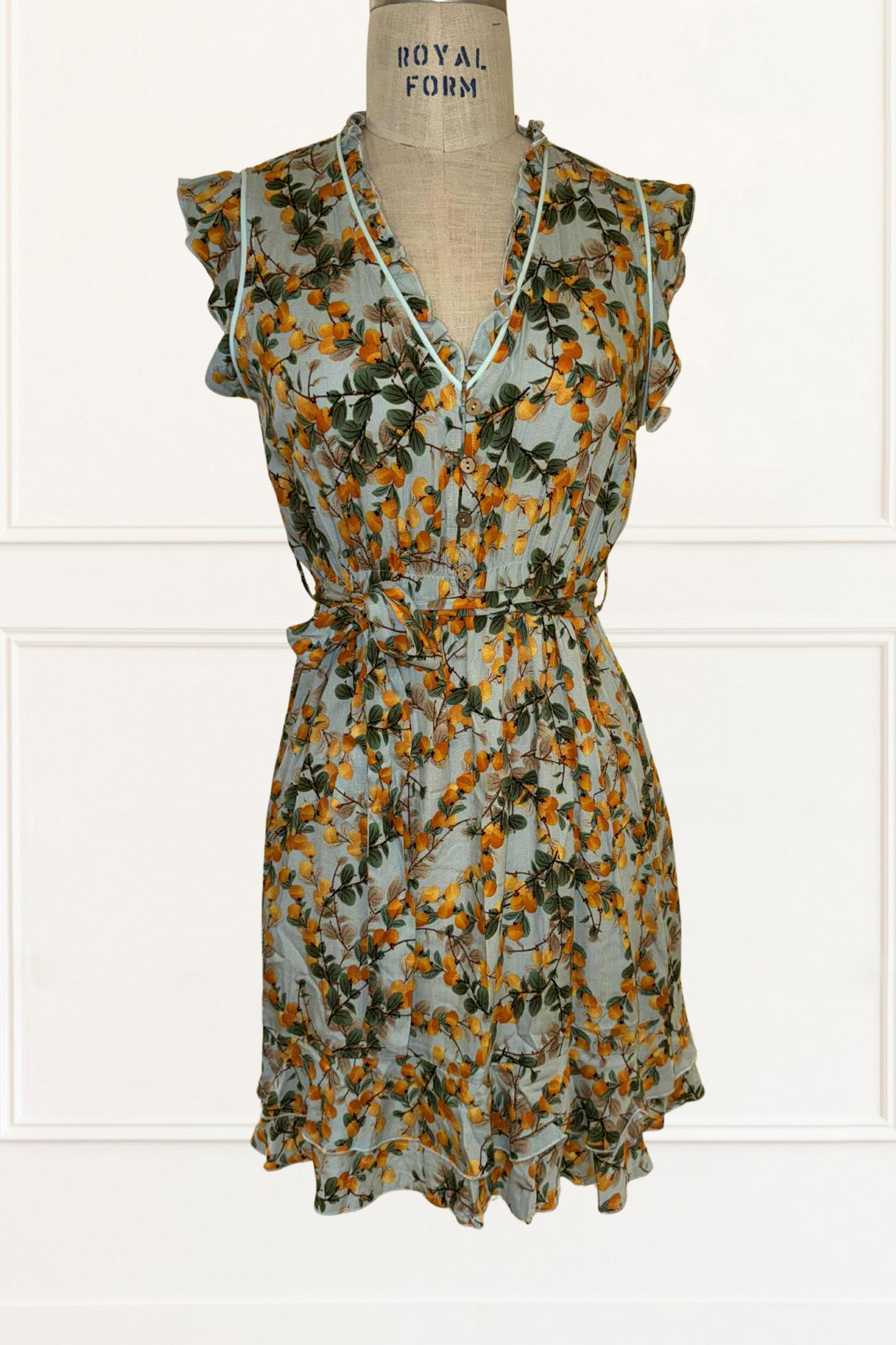 Natasha Citrus Print Short Dress Self Belt Pockets Ruffle Trim
