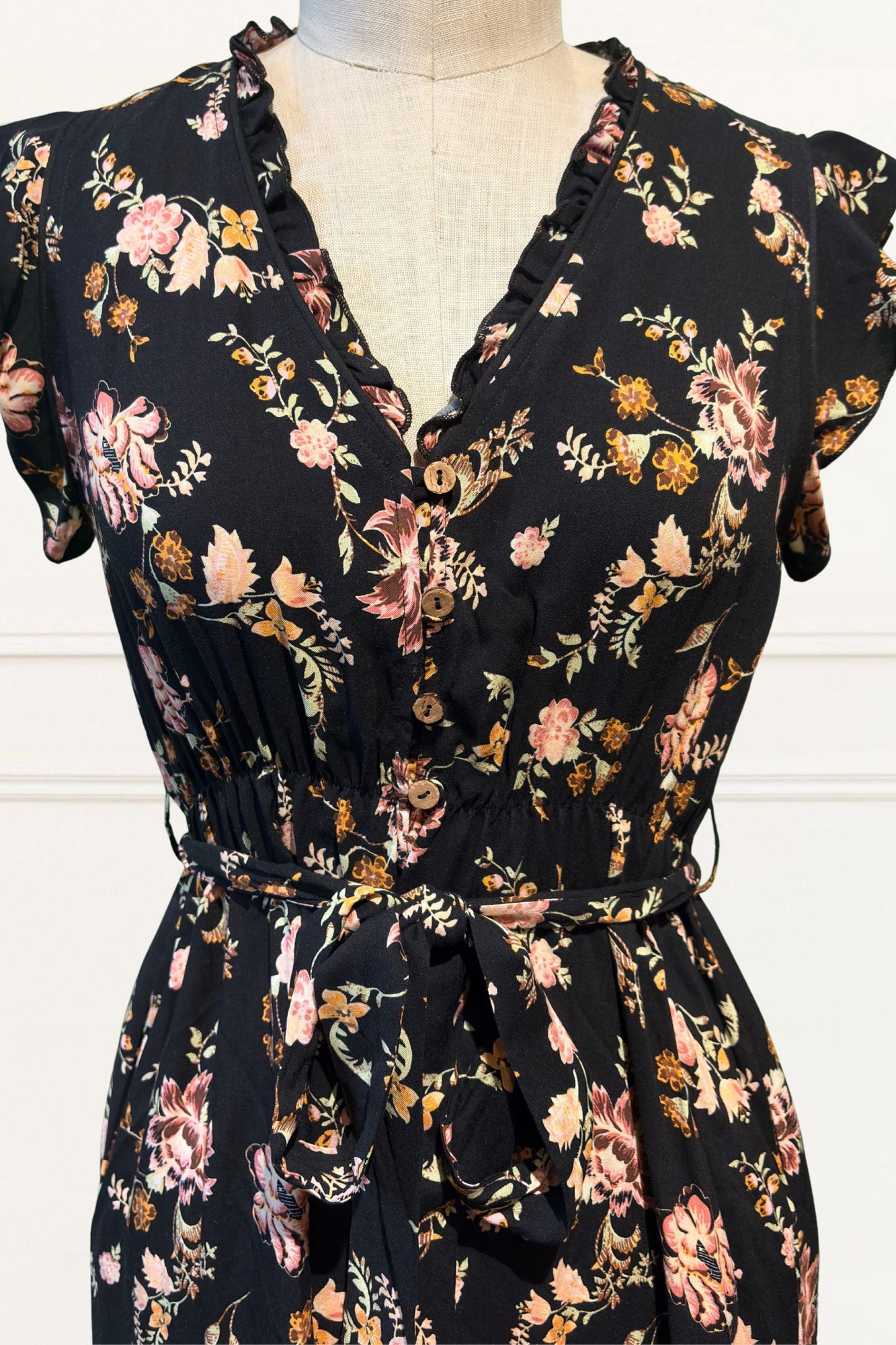 Natasha Floral Print Short Dress Self Belt Pockets Ruffle Trim