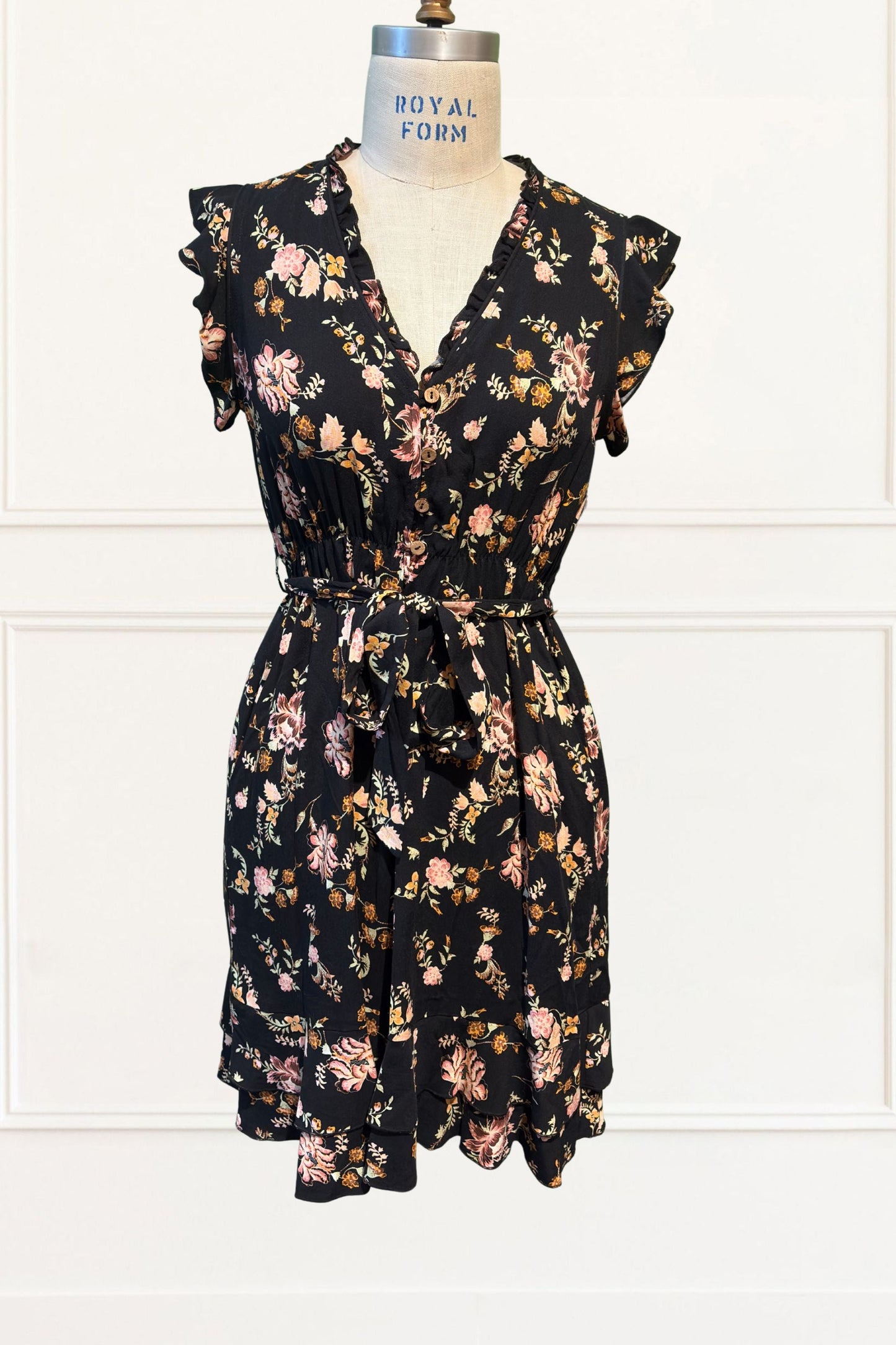 Natasha Floral Print Short Dress Self Belt Pockets Ruffle Trim