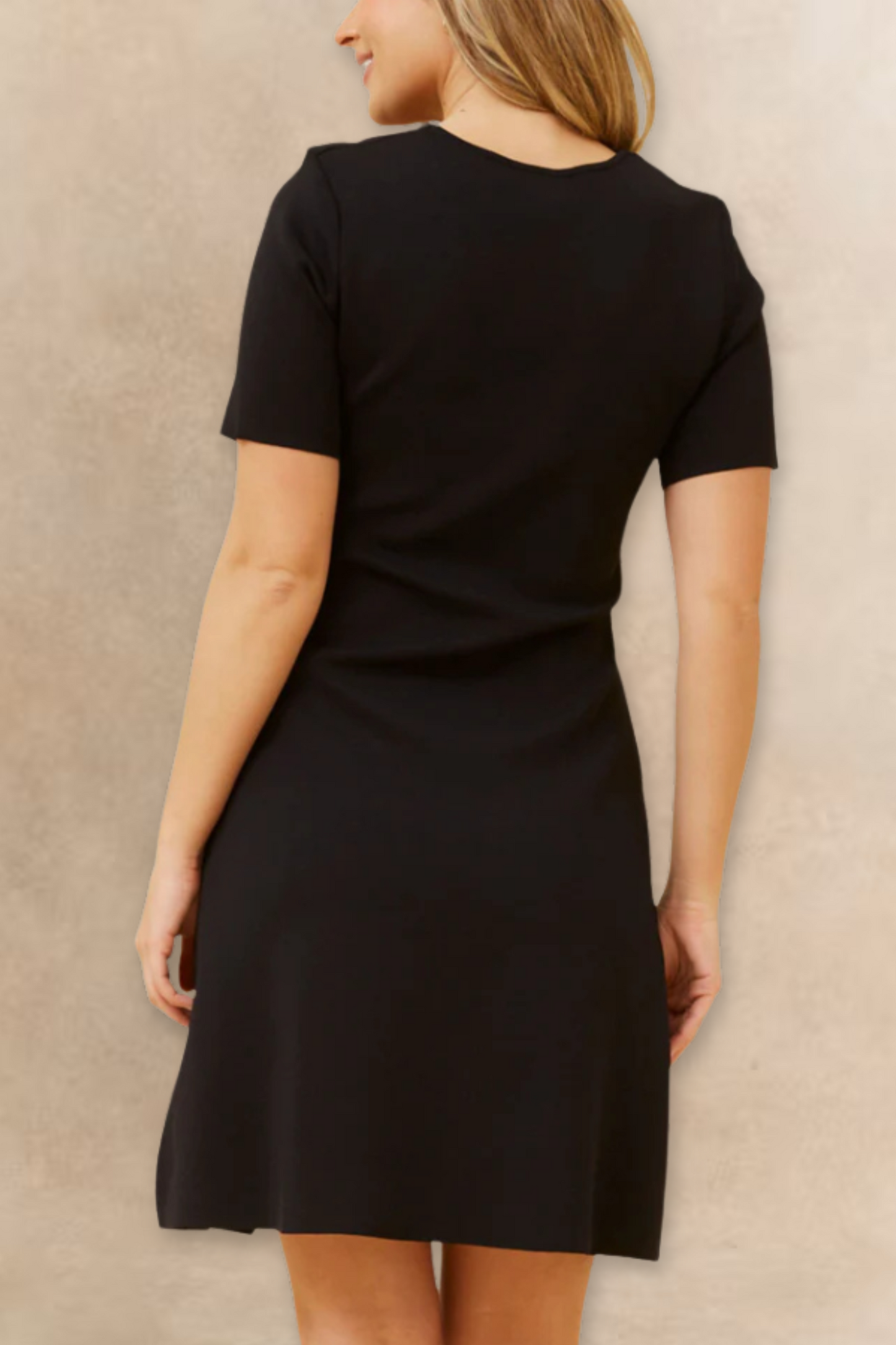 Cleo Black A-Line Dress Short Sleeves Gold Button Front Detail