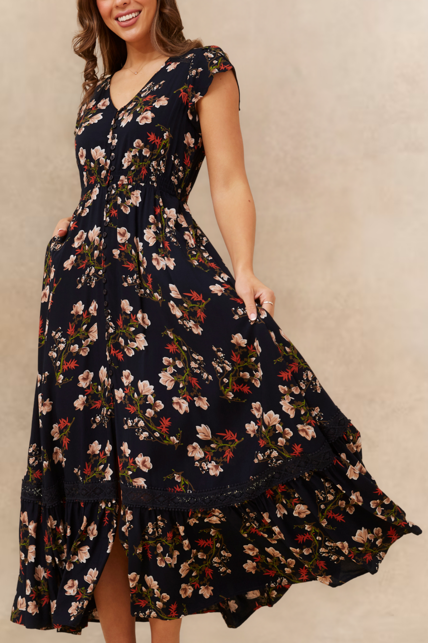Garance Floral Button Front Maxi Dress Smocked Waist Ruffle Hem