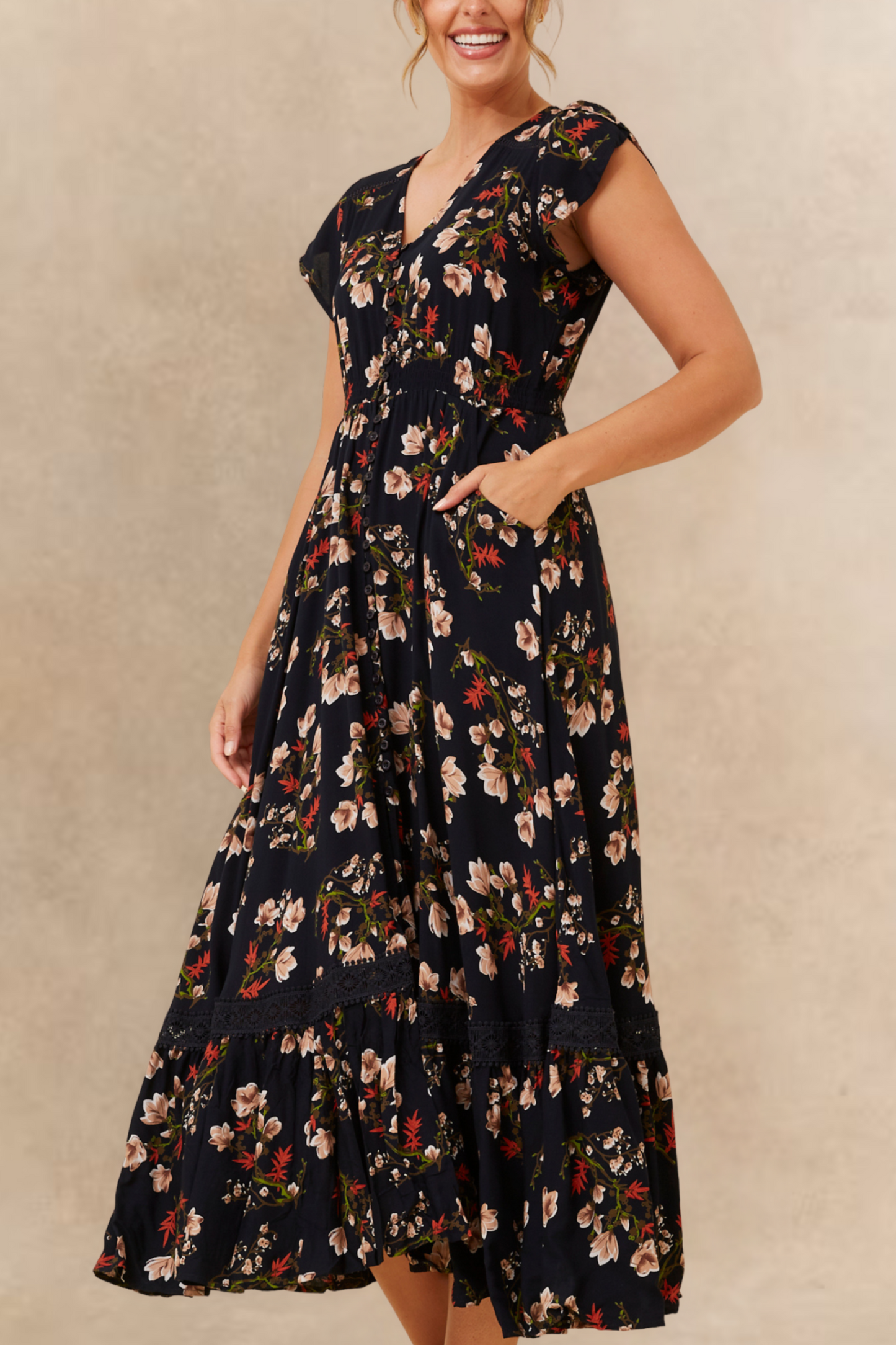 Garance Floral Button Front Maxi Dress Smocked Waist Ruffle Hem