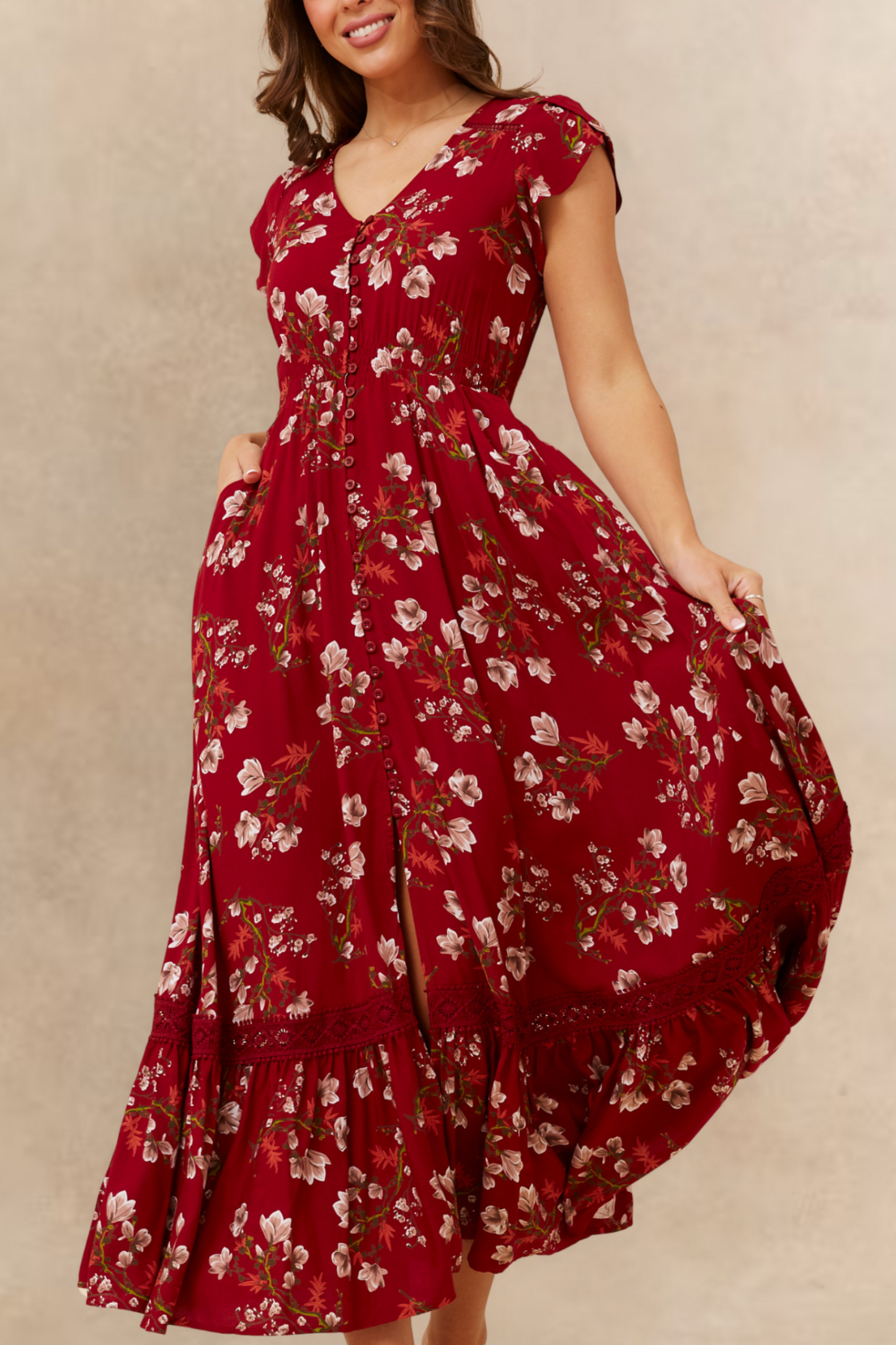 Garance Floral Button Front Maxi Dress Smocked Waist Ruffle Hem
