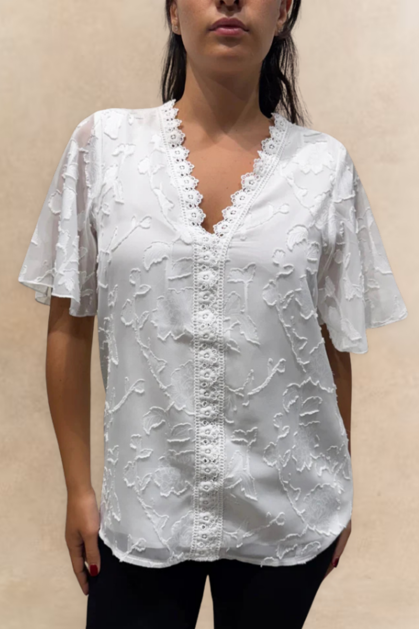 Lucie Embroidered V-Neck Blouse Lace Trim Flutter Sleeves Women