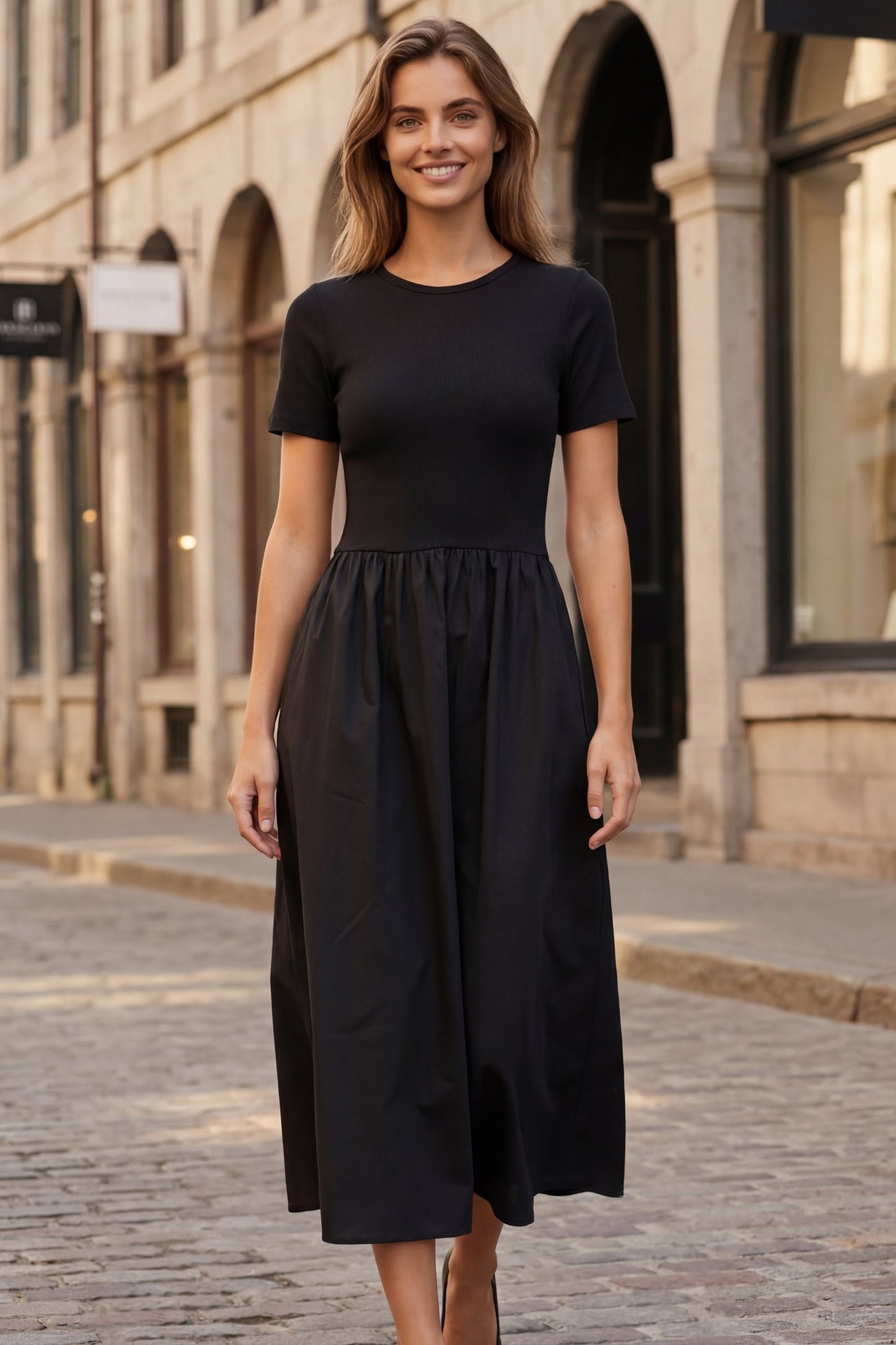 Sarah Black Short-Sleeve Midi Dress
