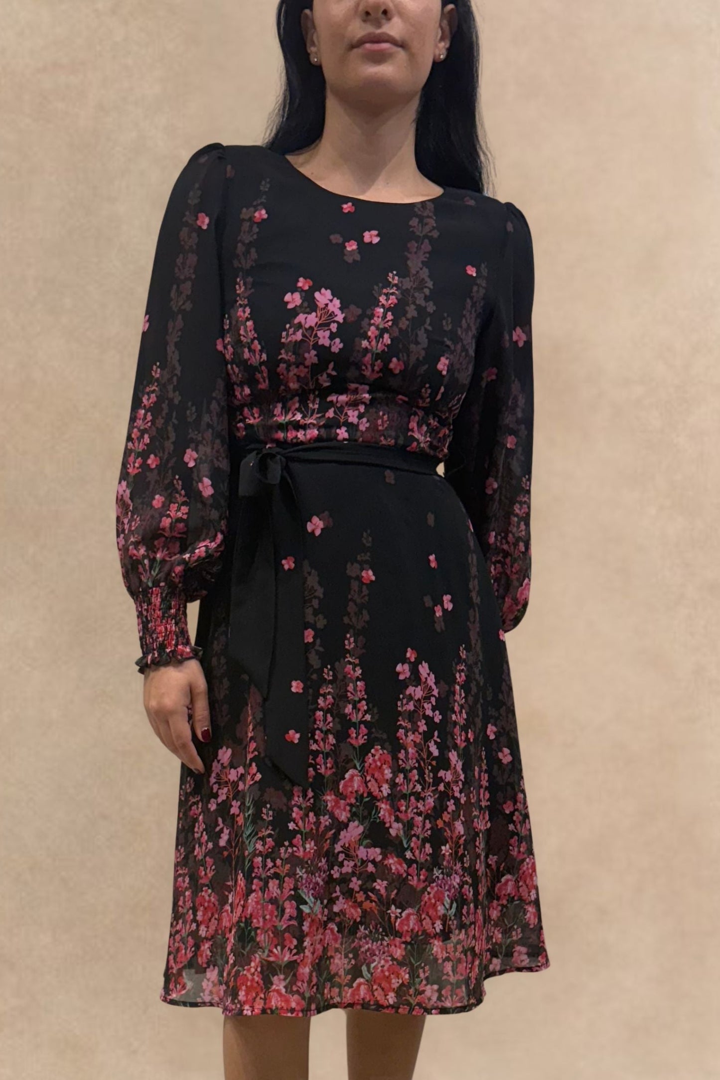 Seraphina Black Floral Midi Dress Sheer Sleeves Belted Waist Flowing Silhouette