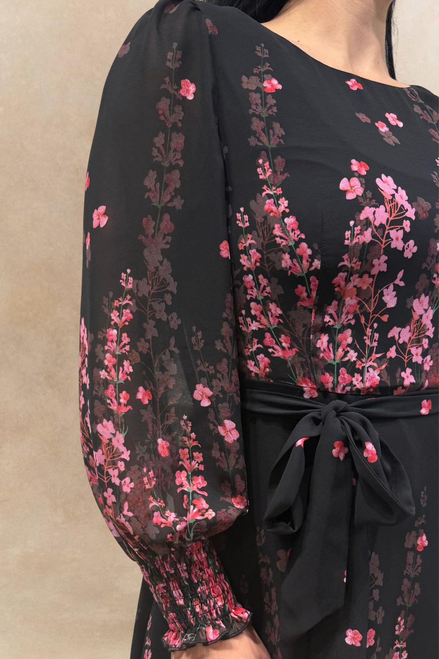 Seraphina Black Floral Midi Dress Sheer Sleeves Belted Waist Flowing Silhouette
