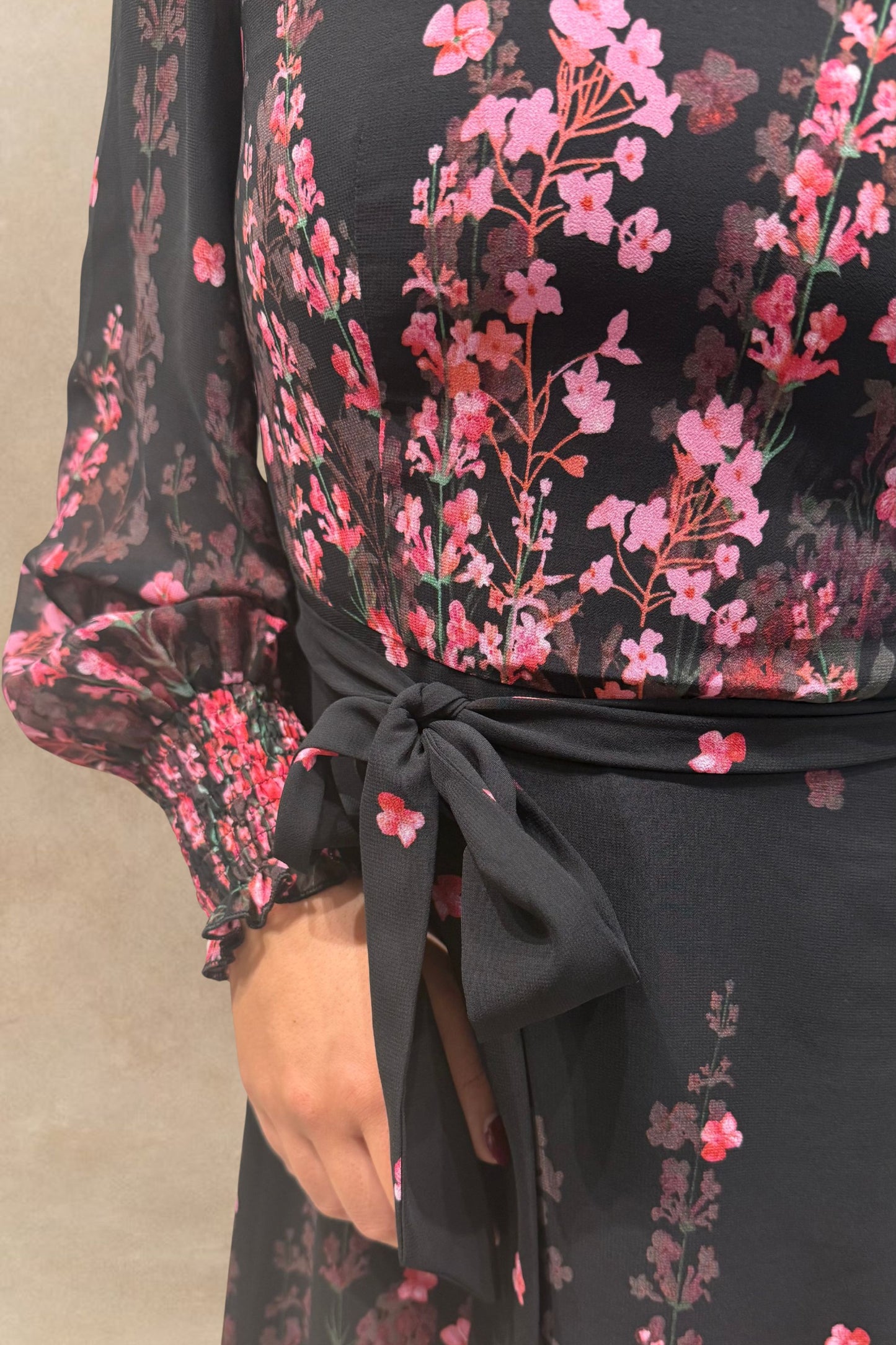 Seraphina Black Floral Midi Dress Sheer Sleeves Belted Waist Flowing Silhouette