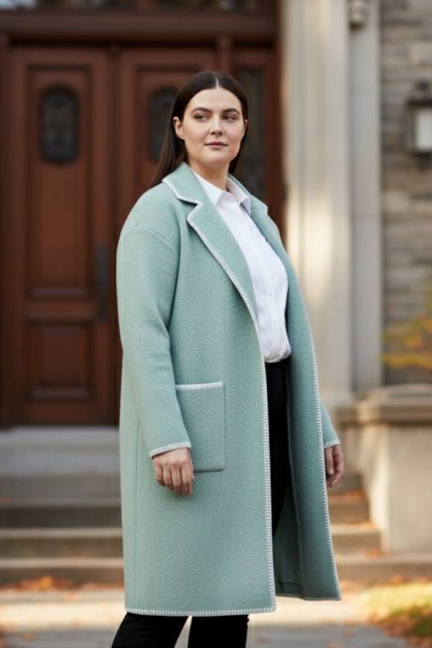 Solana Knit Jacket Collar Long Open-Front Contrast Stitching Pockets