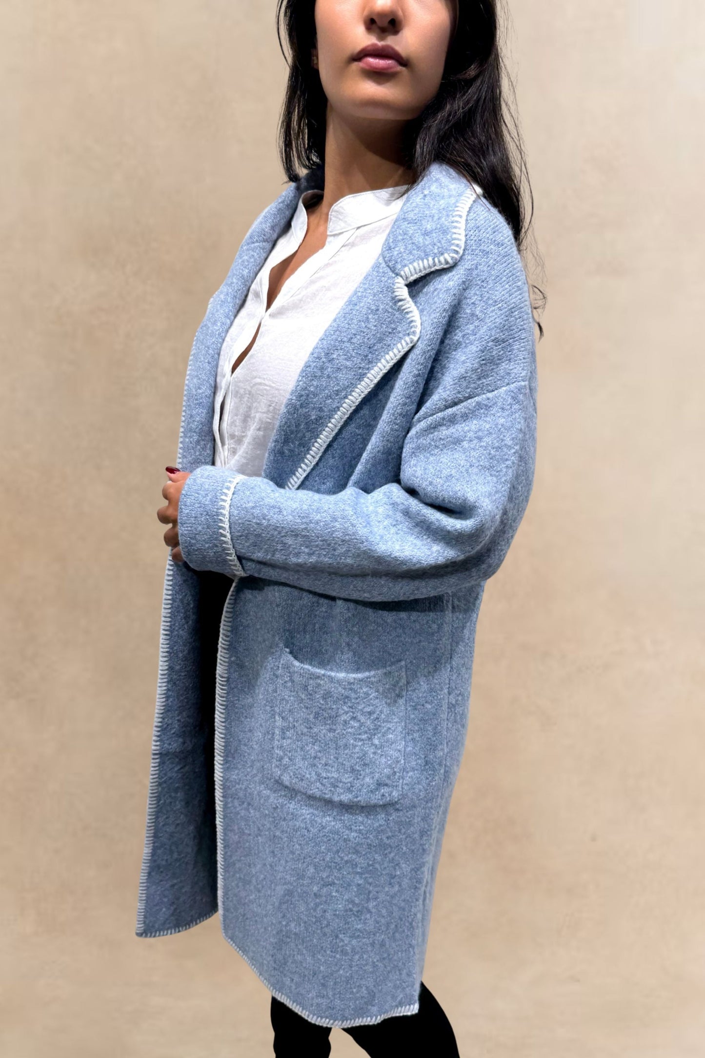 Solana Knit Jacket Collar Long Open-Front Contrast Stitching Pockets