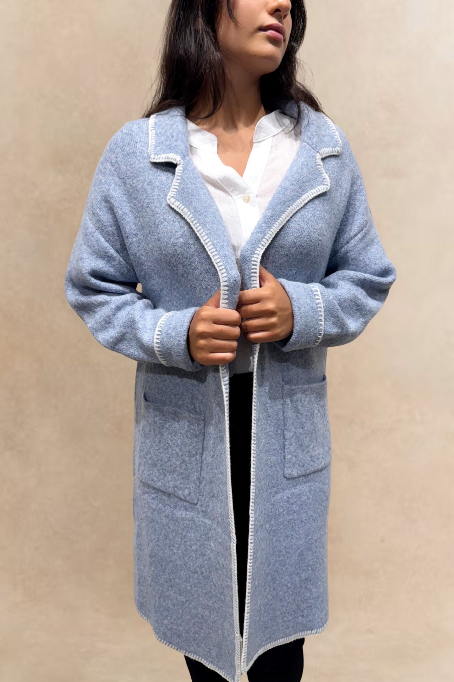 Solana Knit Jacket Collar Long Open-Front Contrast Stitching Pockets
