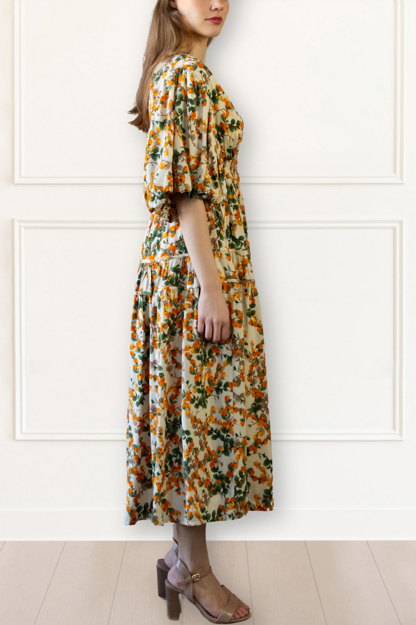 Sophie Citrus Midi Dress V-Neck Puff Sleeves Smocked Waist