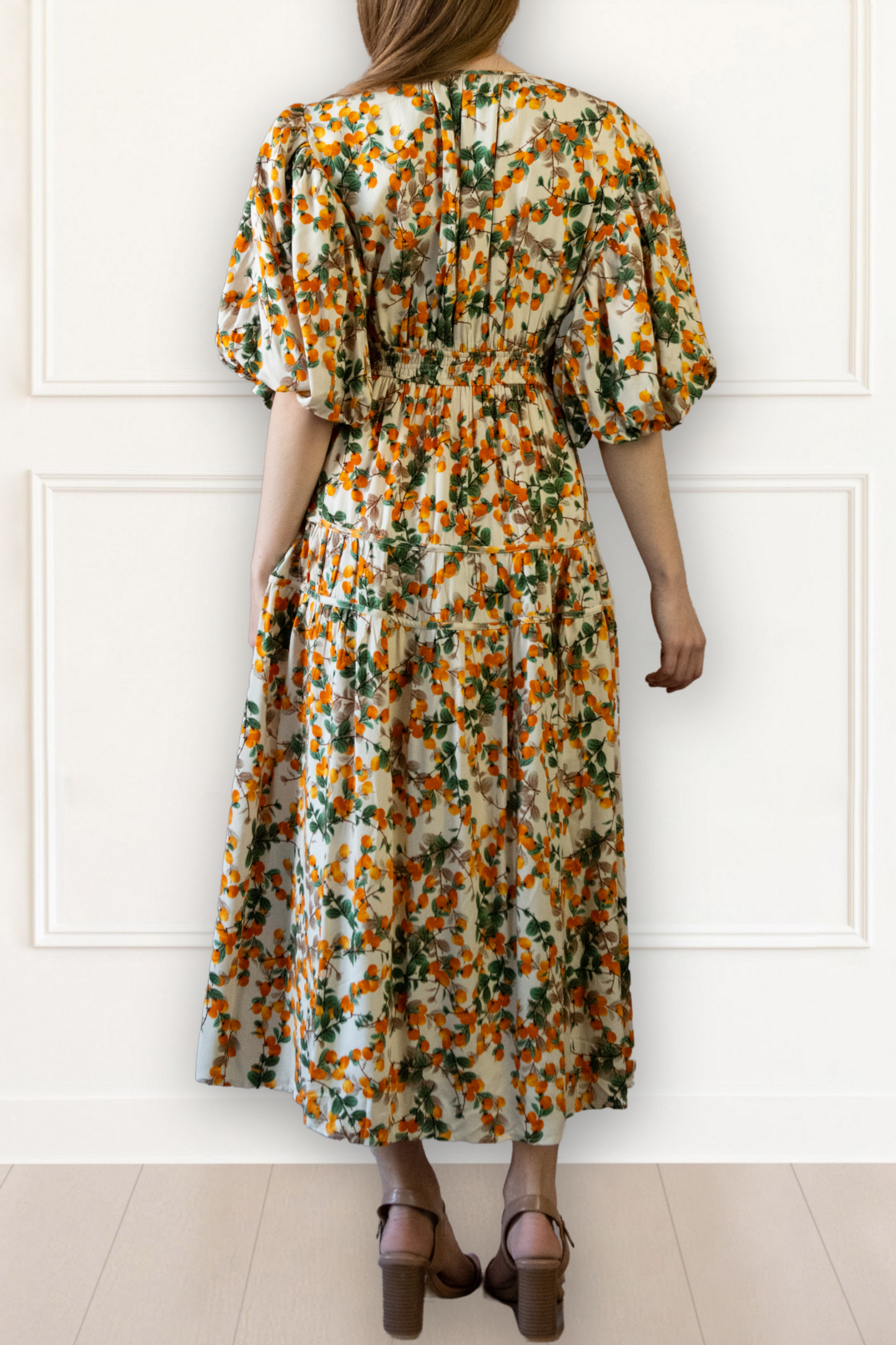 Sophie Citrus Midi Dress V-Neck Puff Sleeves Smocked Waist
