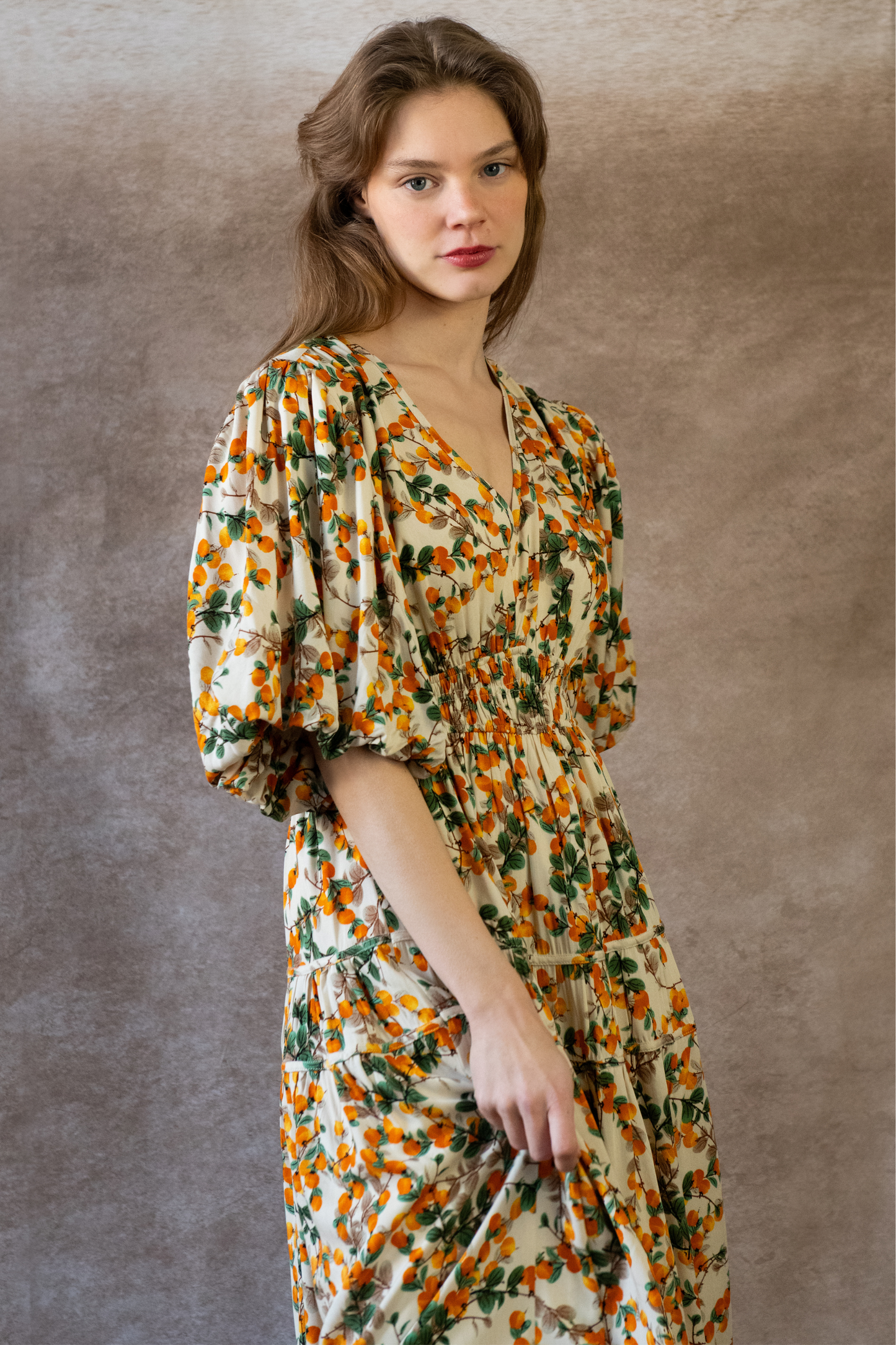 Sophie Citrus Midi Dress V-Neck Puff Sleeves Smocked Waist