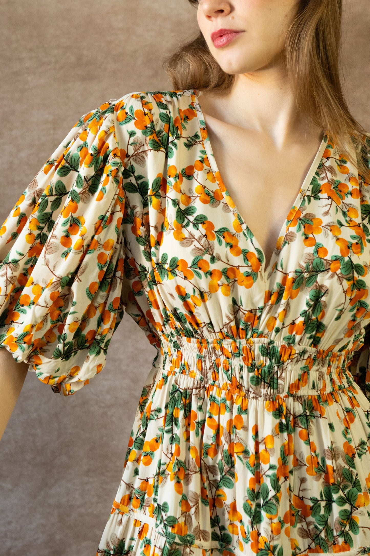 Sophie Citrus Midi Dress V-Neck Puff Sleeves Smocked Waist
