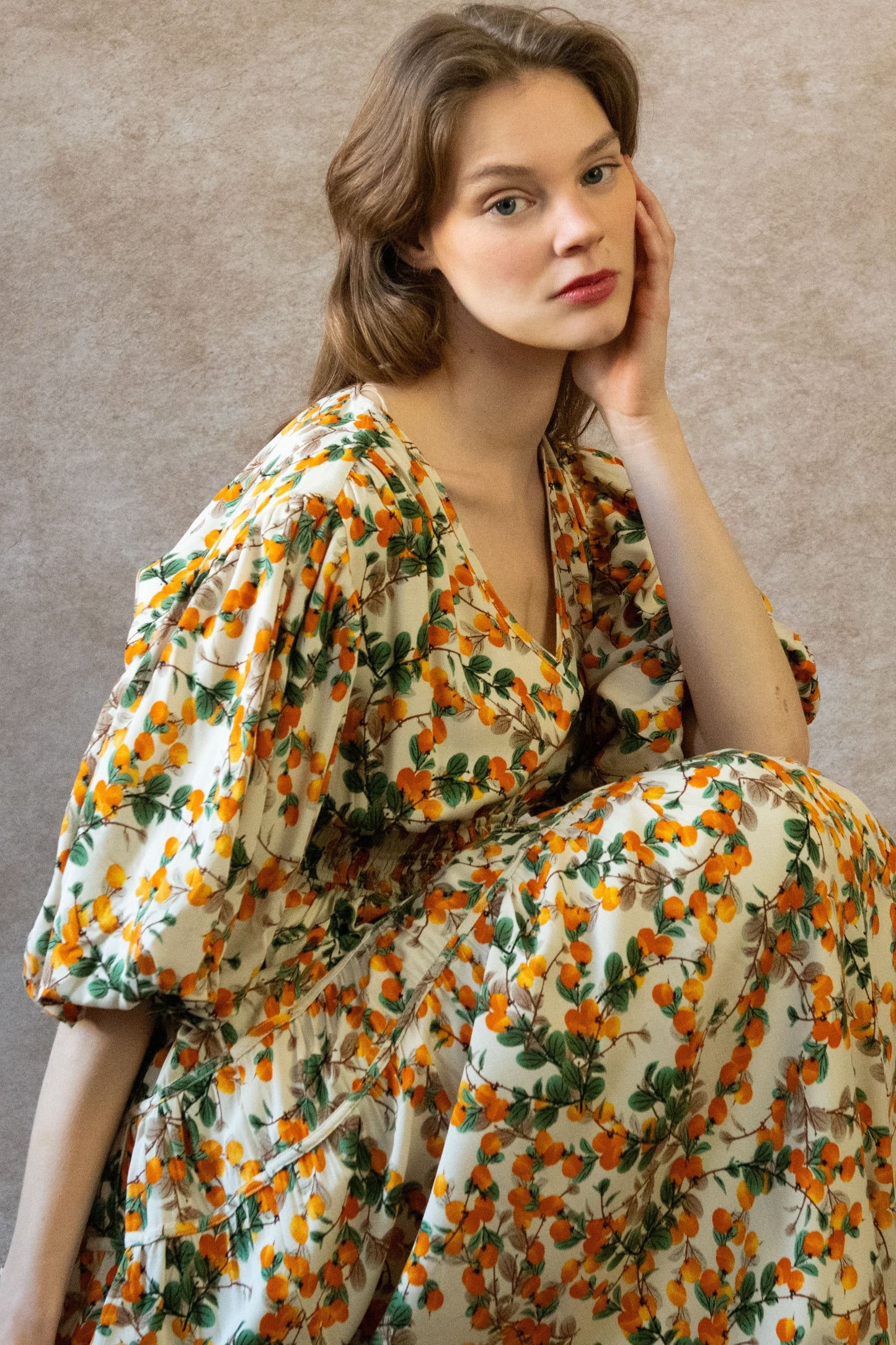 Sophie Citrus Midi Dress V-Neck Puff Sleeves Smocked Waist