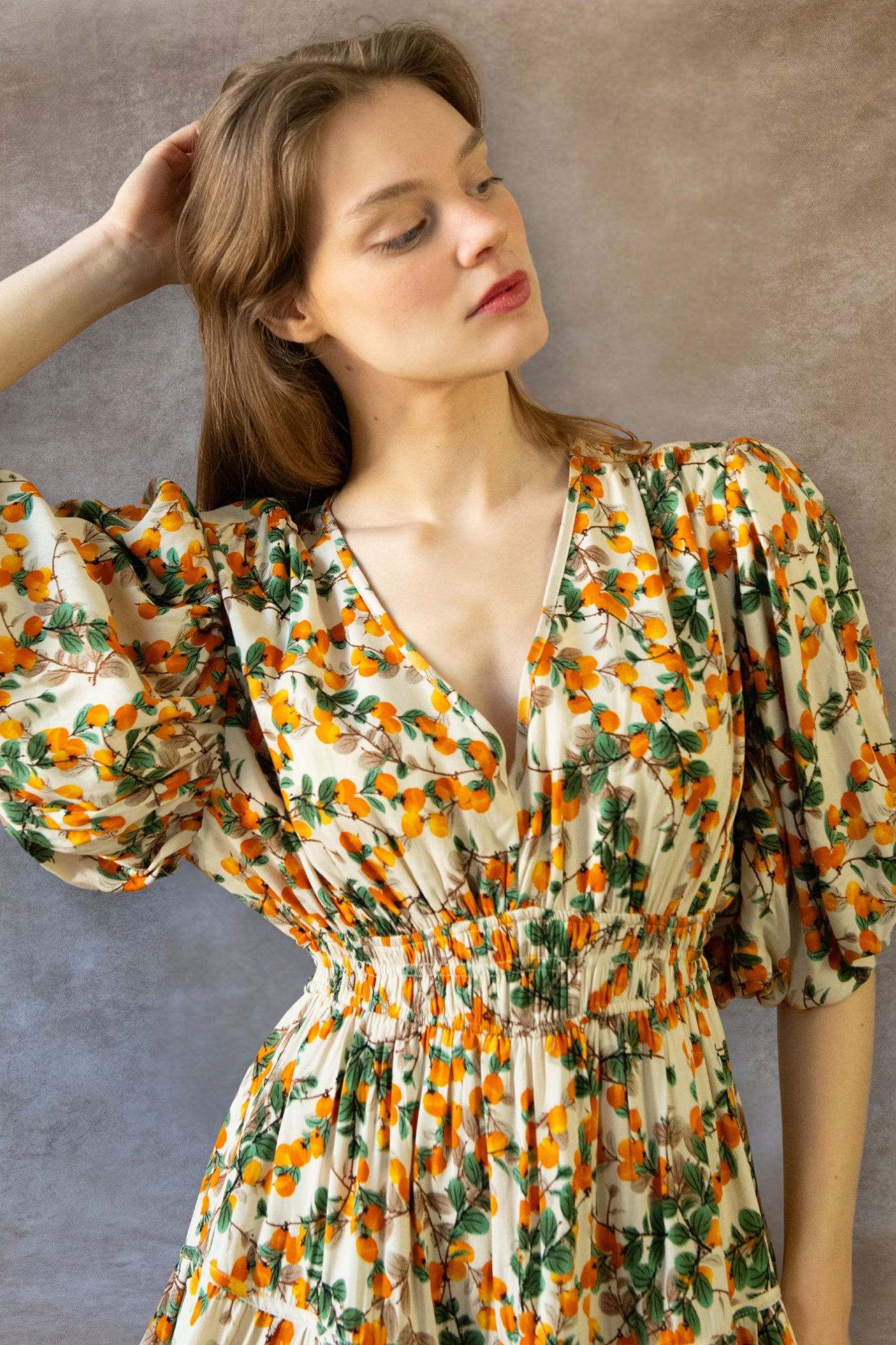 Sophie Citrus Midi Dress V-Neck Puff Sleeves Smocked Waist