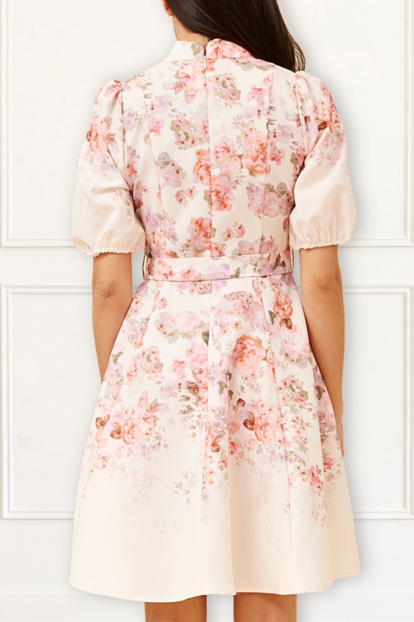 Sunniva White Vintage-Inspired Pink Floral Print Dress Button-Down Pockets