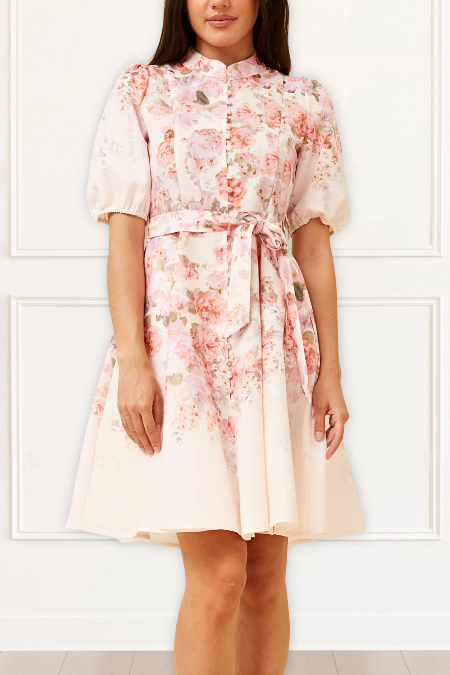 Sunniva White Vintage-Inspired Pink Floral Print Dress Button-Down Pockets