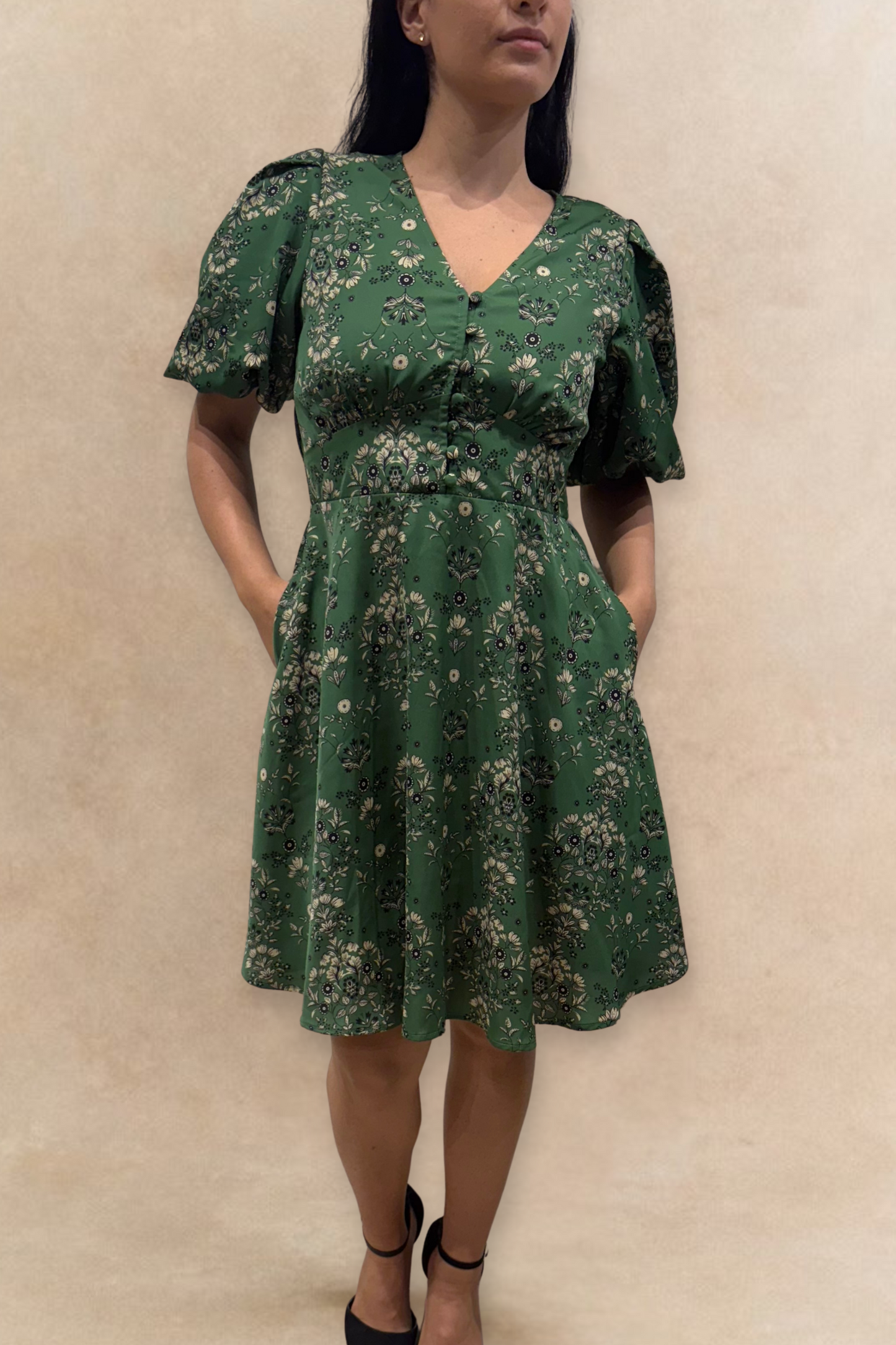 Talia Green Floral Fit and Flare Dress Flowy Sleeves