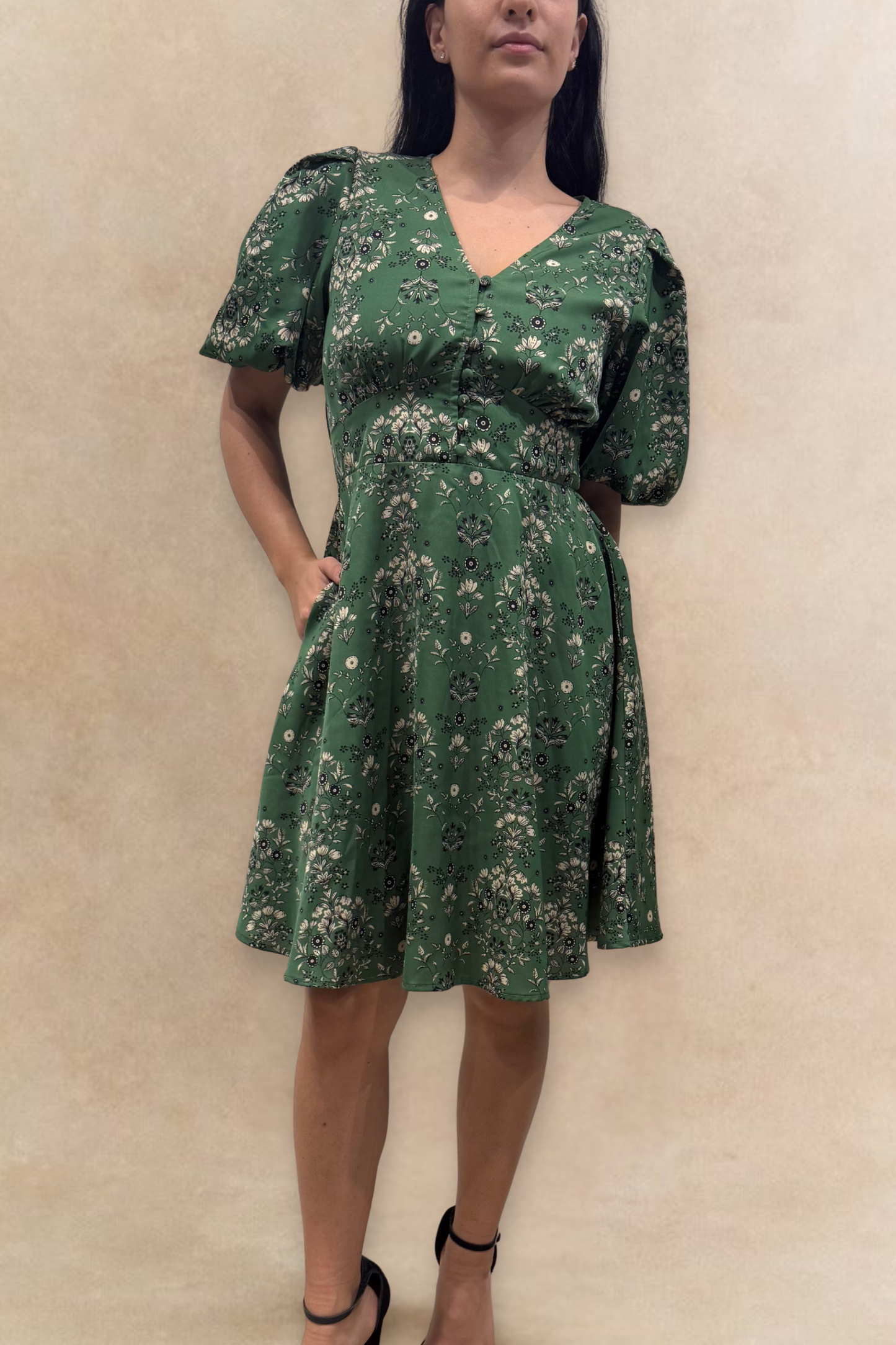 Talia Green Floral Fit and Flare Dress Flowy Sleeves