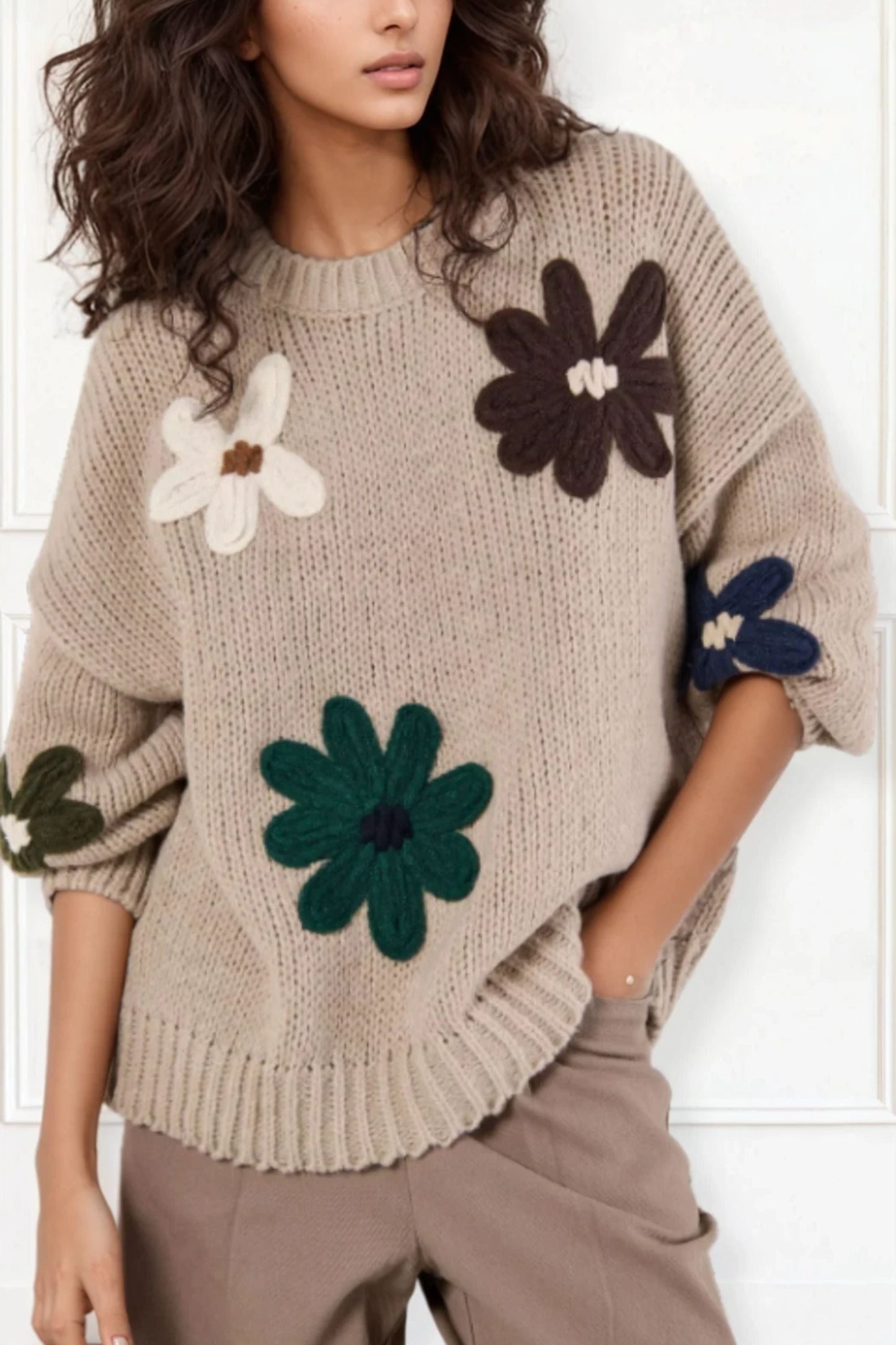 Tamara Women's Chunky Knit Sweater Embroidered Floral Appliqué