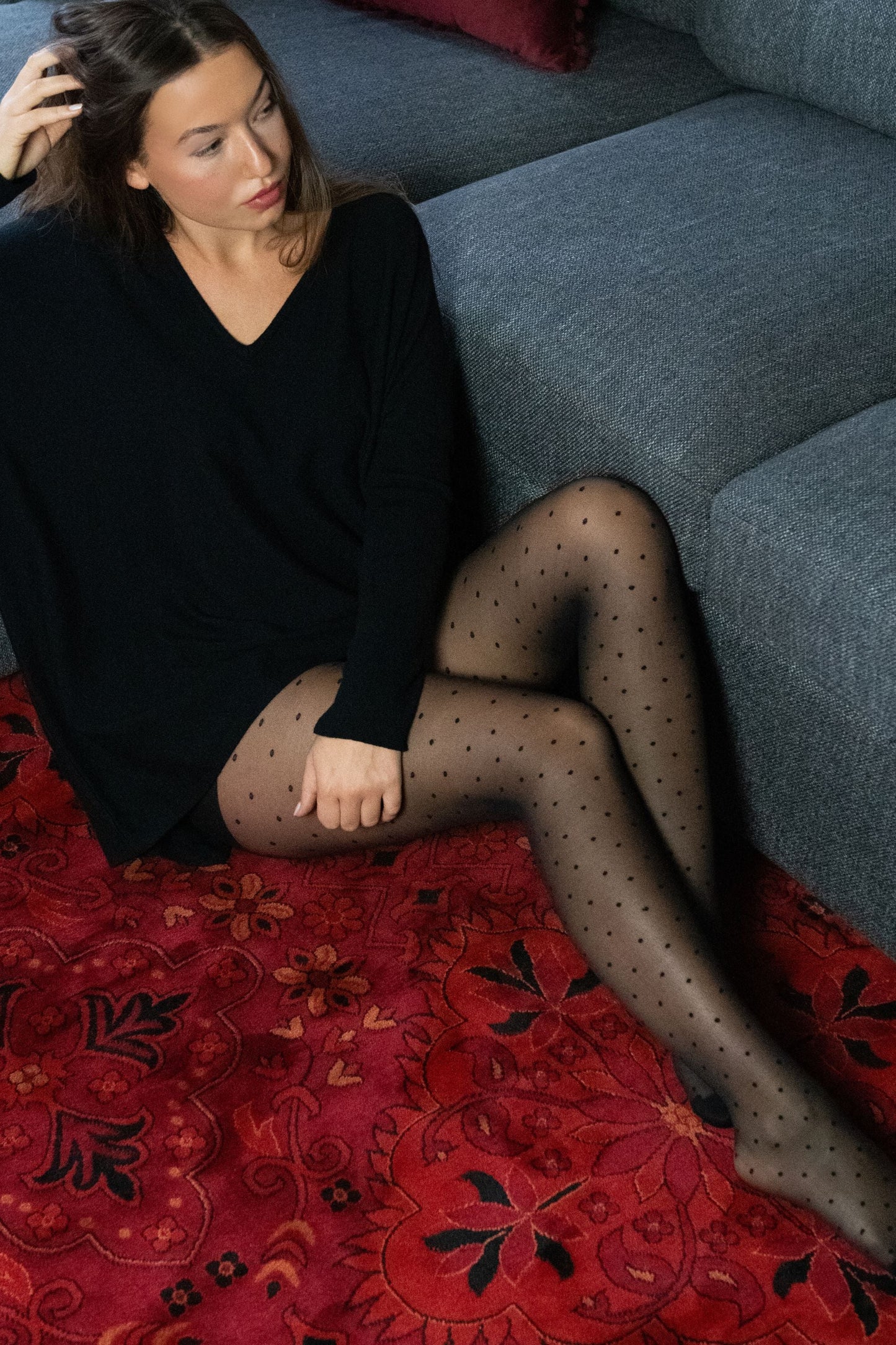 Collants semi-transparents à pois et bas à motifs + sac à linge en filet
