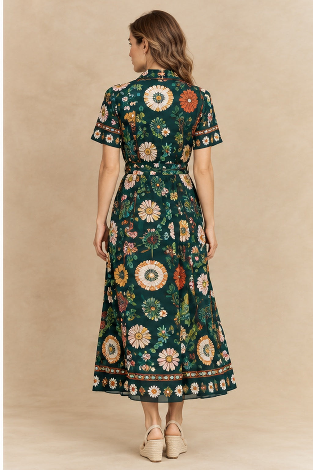 Esmeralda green printed shirt dress back view showing the collared back, belted waist and softly draped skirt.