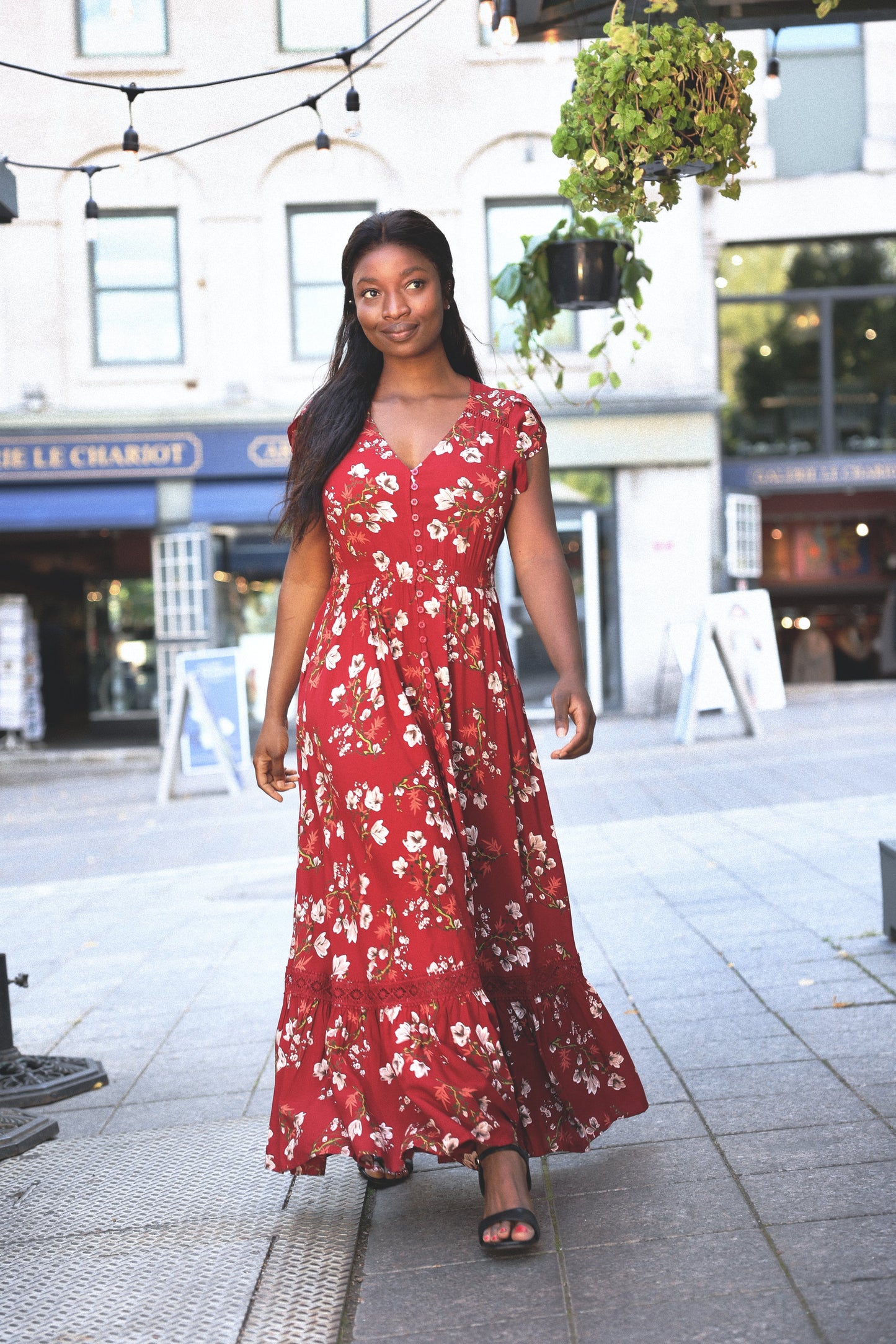 Garance Floral Button Front Maxi Dress Smocked Waist Ruffle Hem