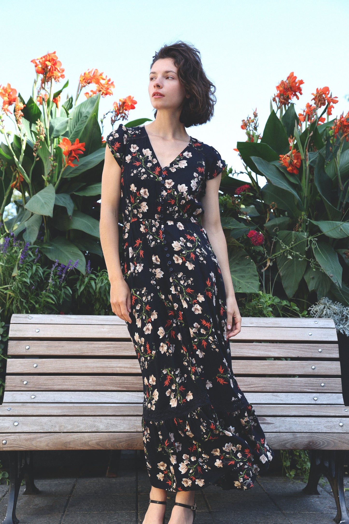 Garance Floral Button Front Maxi Dress Smocked Waist Ruffle Hem