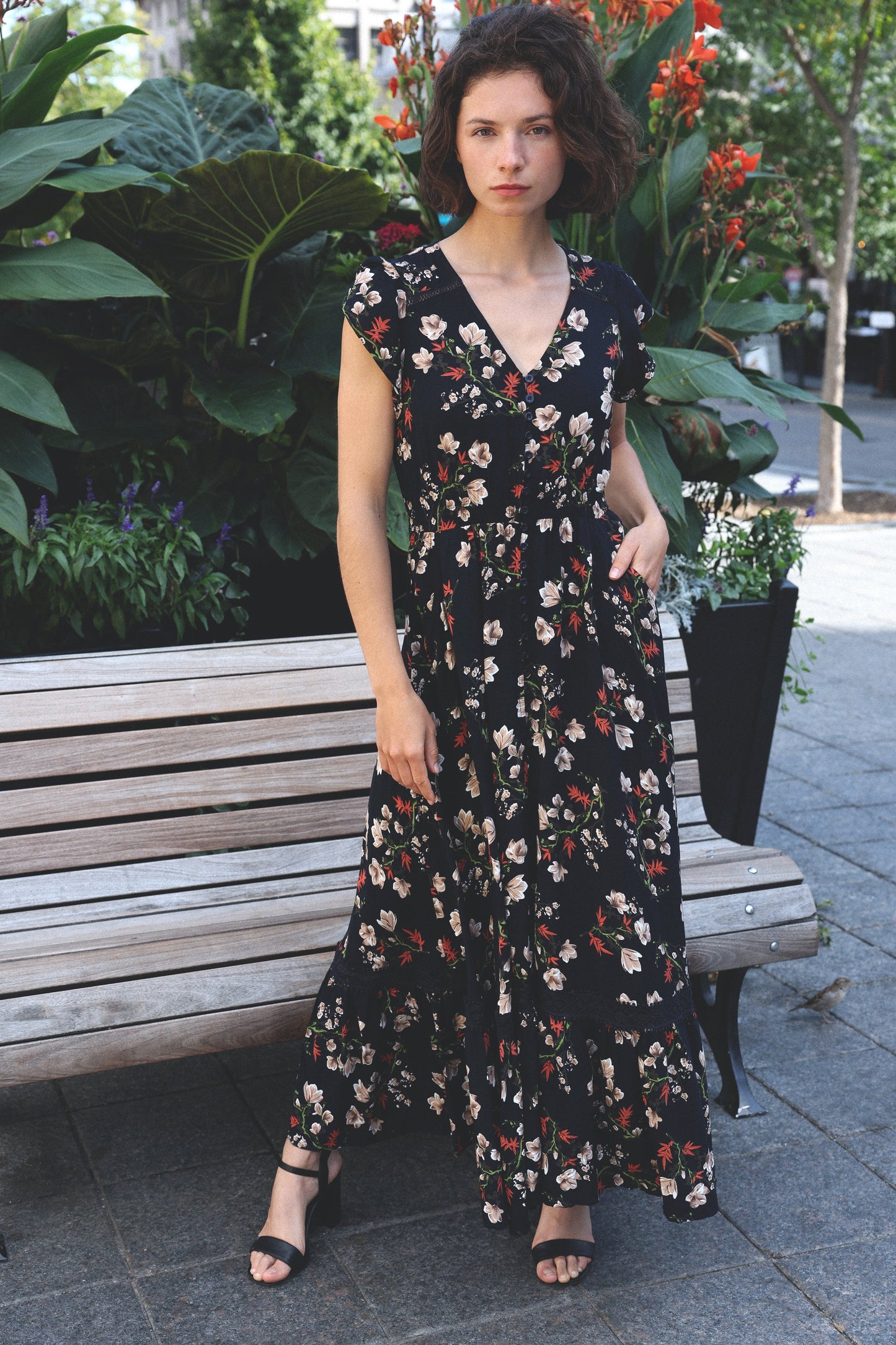 Garance Floral Button Front Maxi Dress Smocked Waist Ruffle Hem