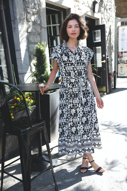 Melodie Black White Floral Midi Shirt Dress Belted Cap Sleeves