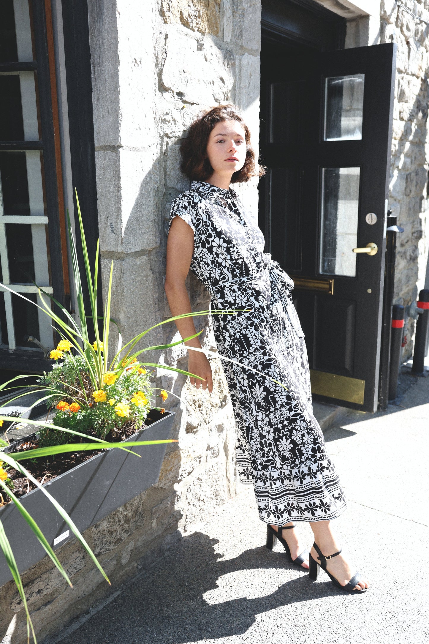 Melodie Black White Floral Midi Shirt Dress Belted Cap Sleeves