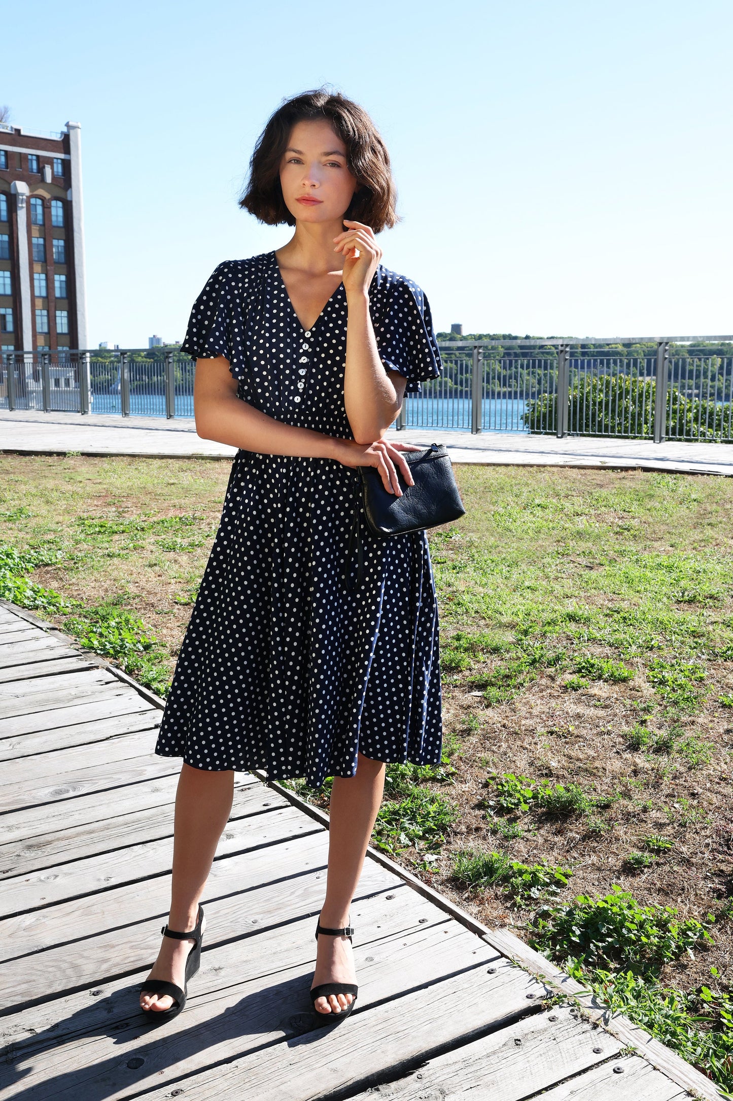 Antoinette Polka Dots Short Dress Smocked Waist Pockets