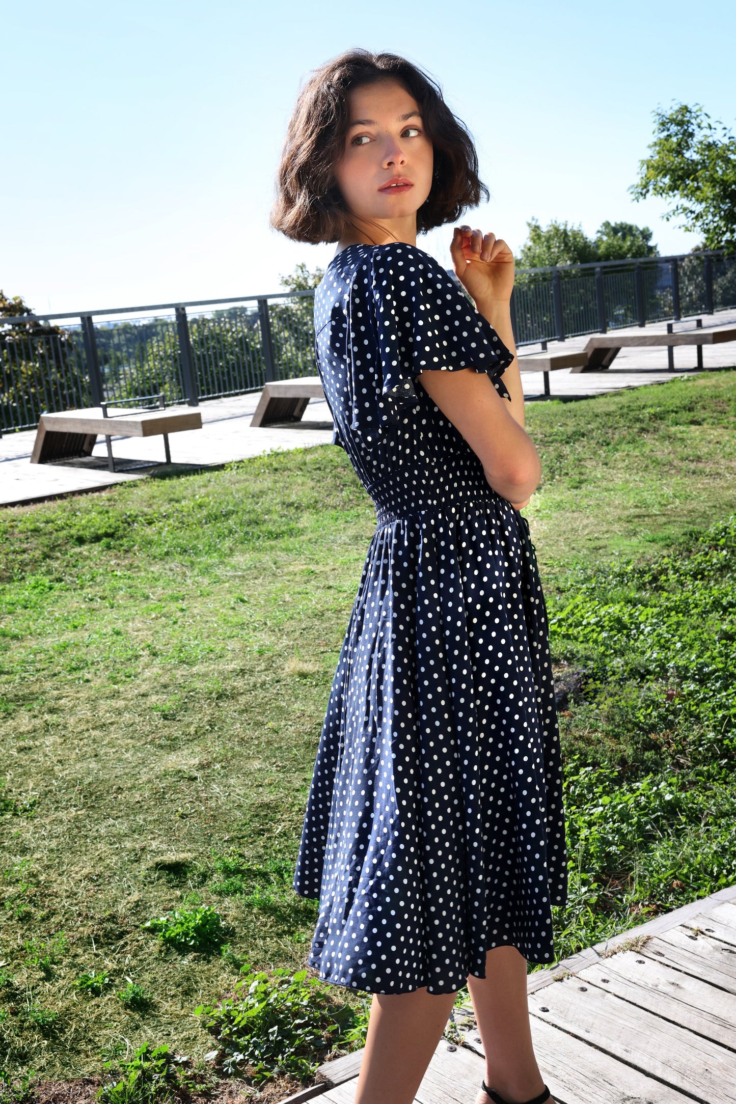 Antoinette Polka Dots Short Dress Smocked Waist Pockets