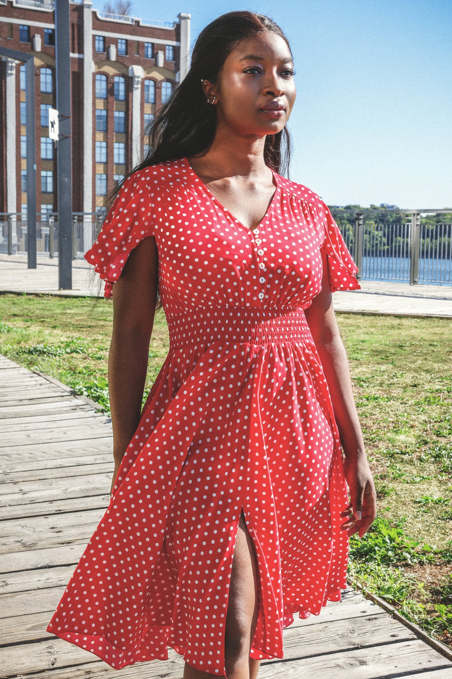 Antoinette Polka Dots Short Dress Smocked Waist Pockets