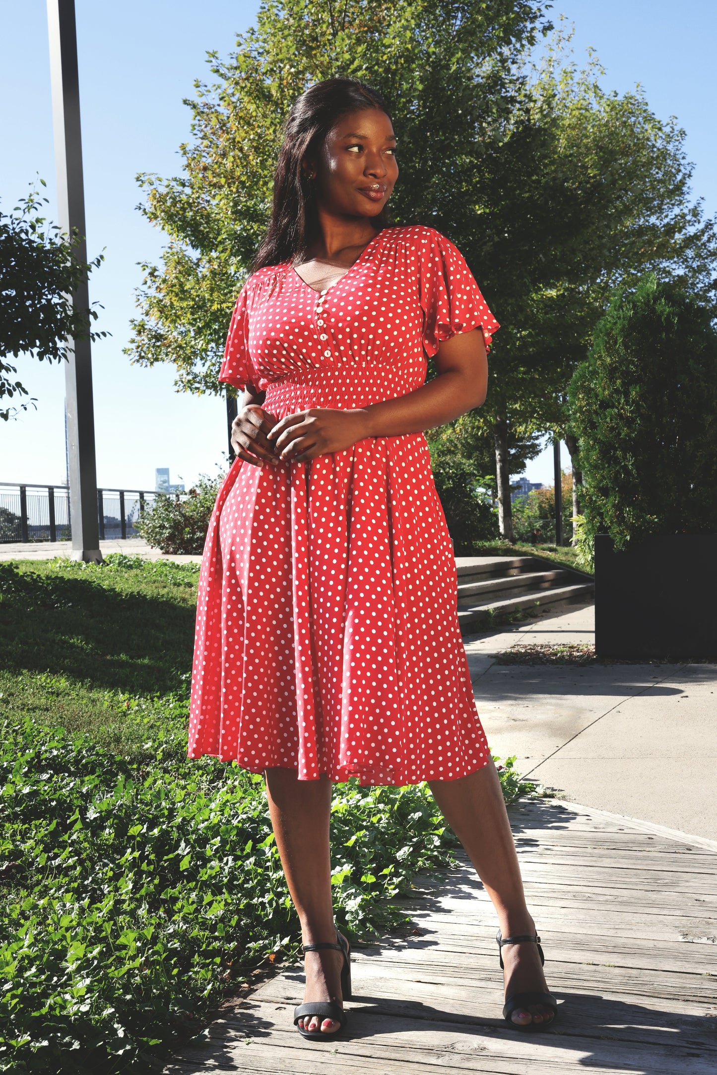 Antoinette Polka Dots Short Dress Smocked Waist Pockets