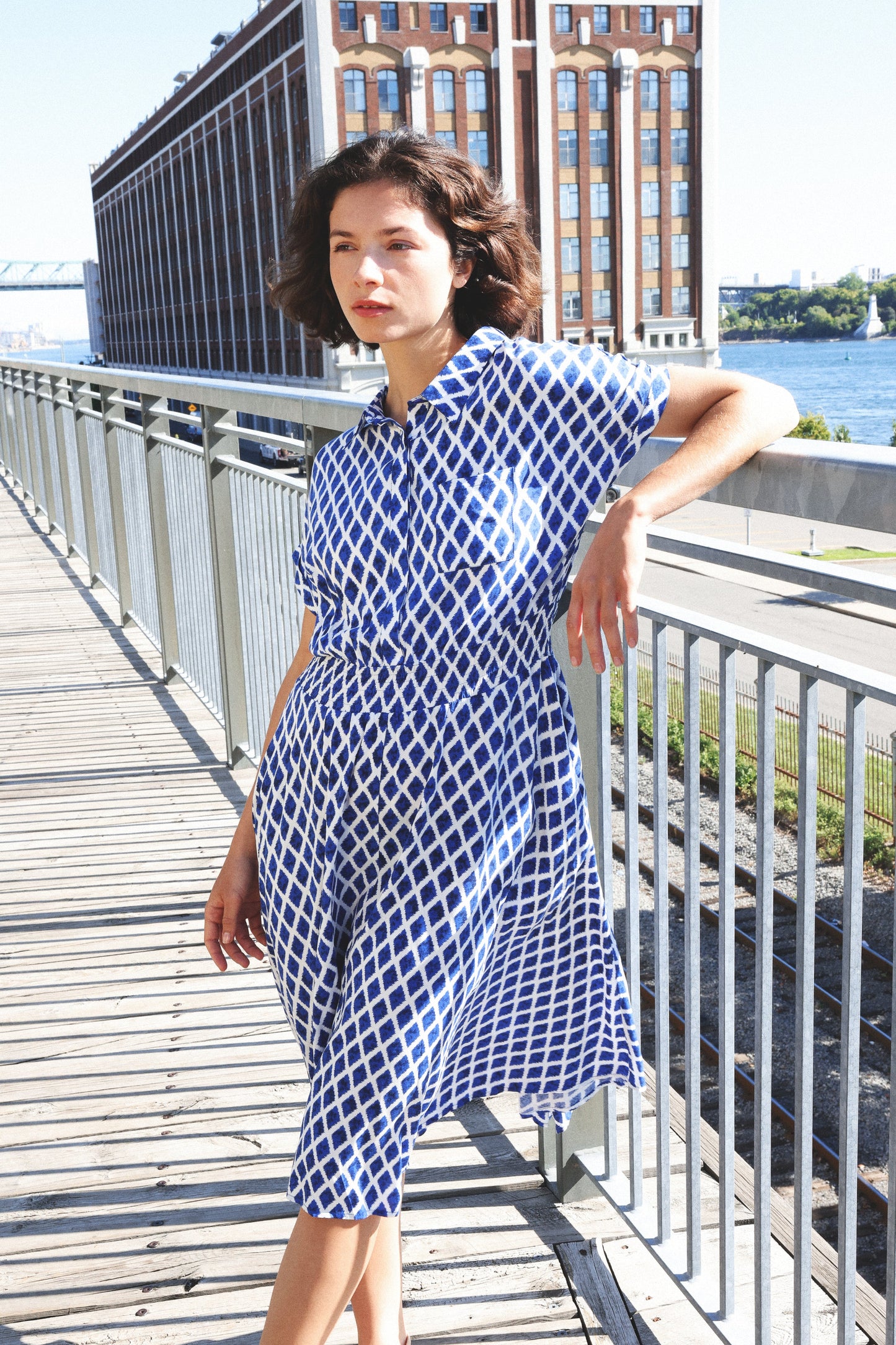 Florence Geometric Print Button Front Shirt Dress Smocked Waist Short Sleeve