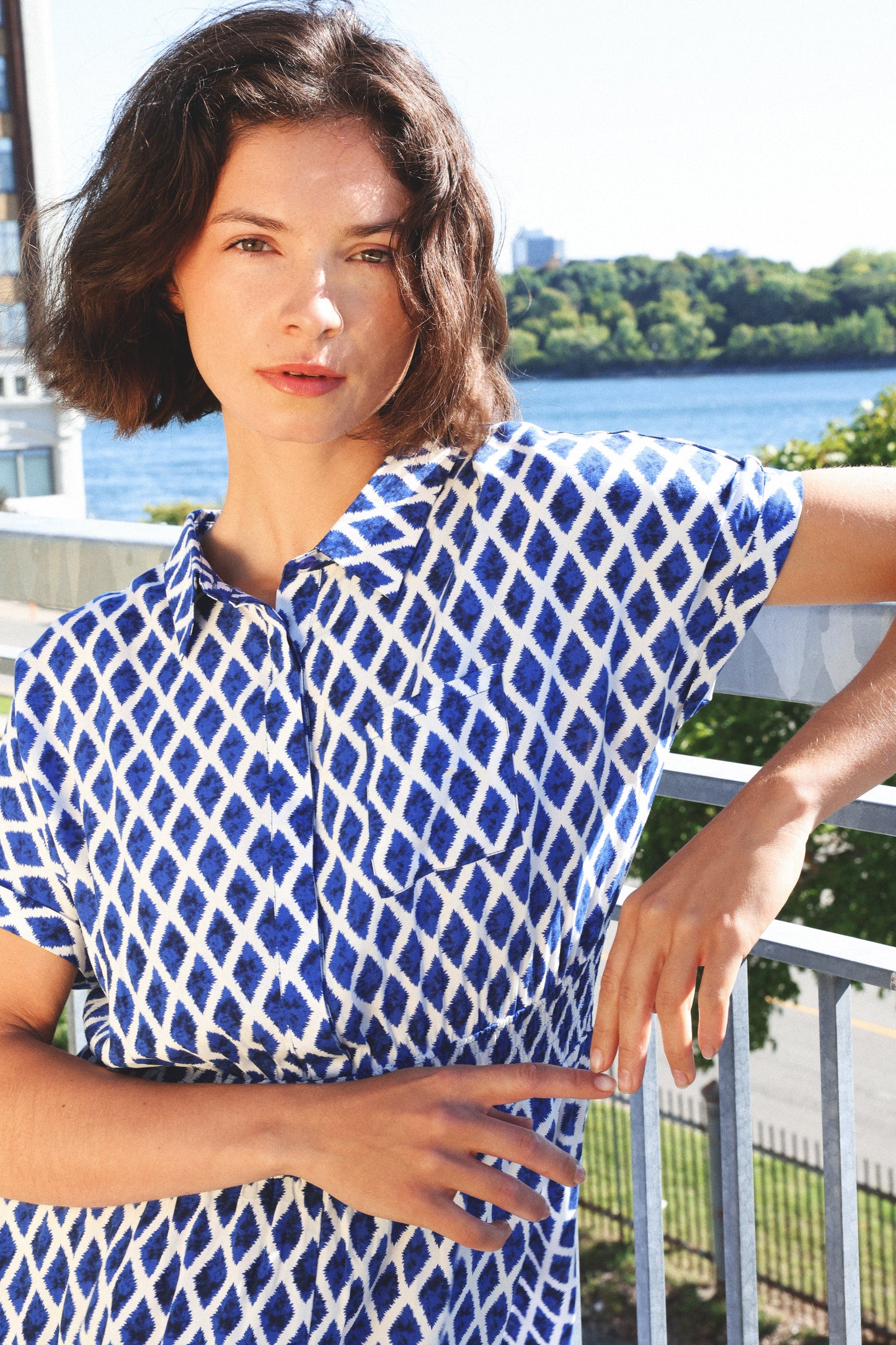 Florence Geometric Print Button Front Shirt Dress Smocked Waist Short Sleeve