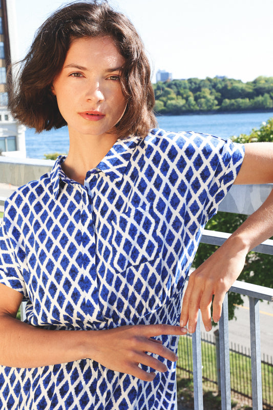 Florence Geometric Print Button Front Shirt Dress Smocked Waist Short Sleeve